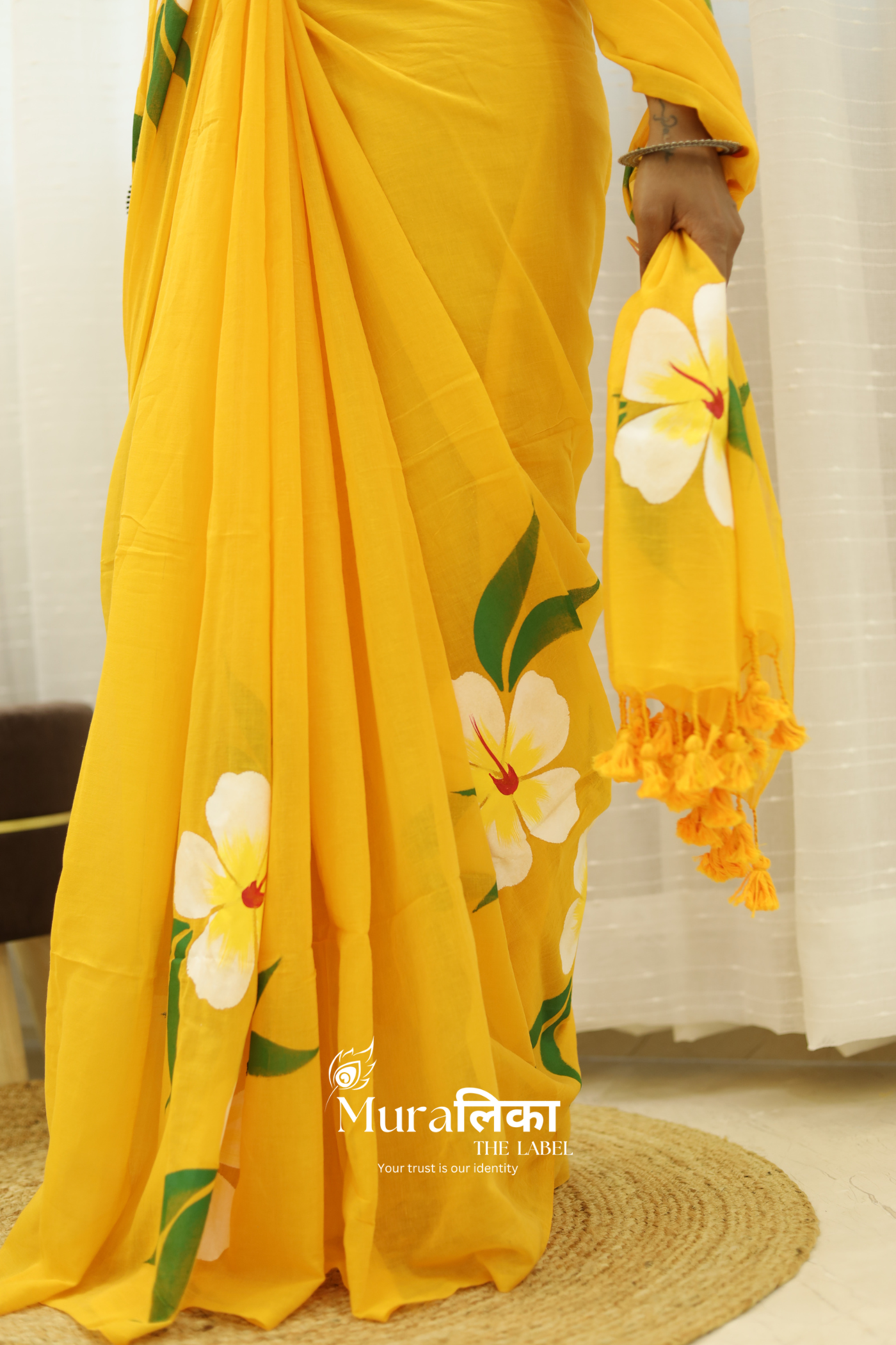 Gulmohar Yellow Handpainted Mulmul cotton Saree