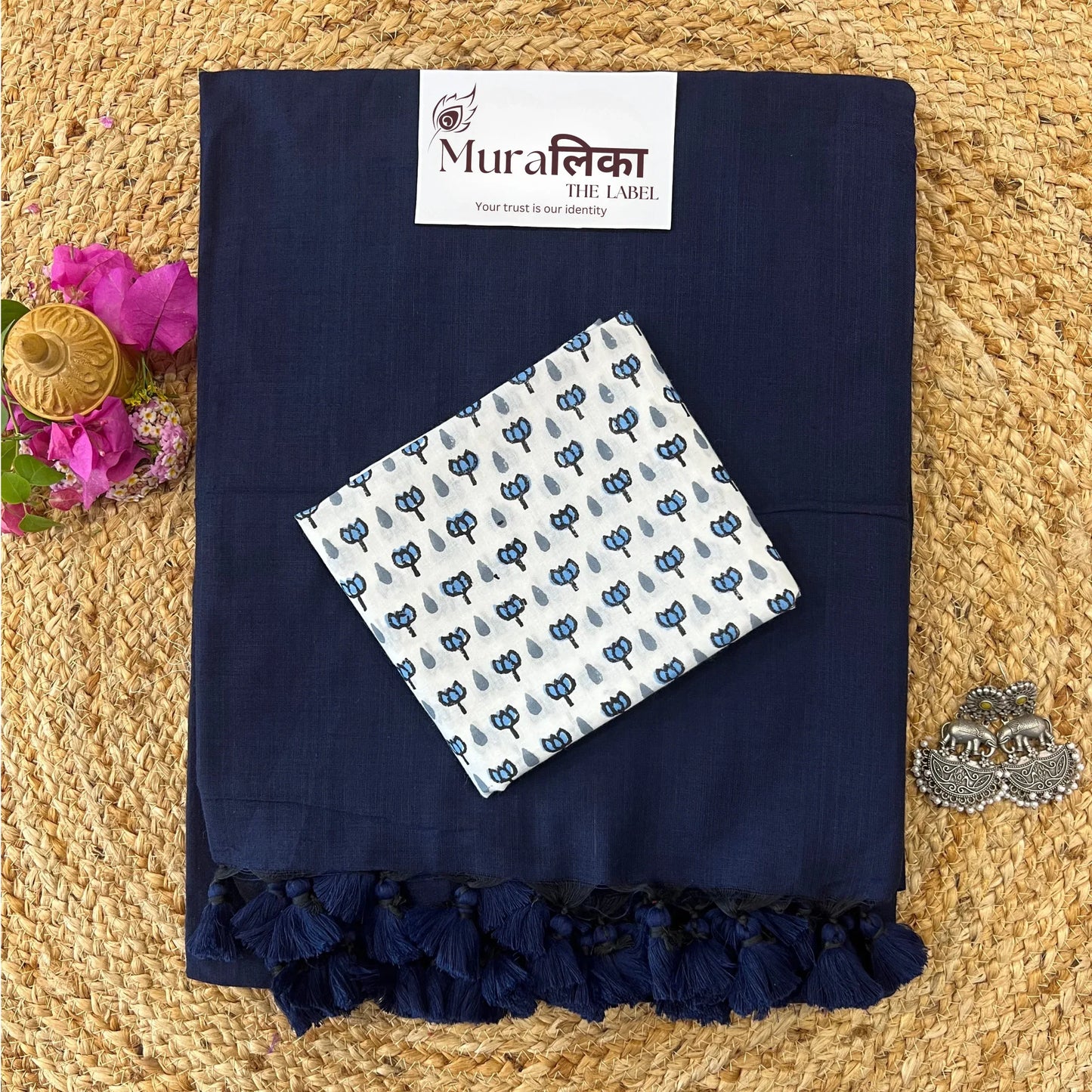 Muralika Navy Blue Handloom cotton Saree - Muralika the label