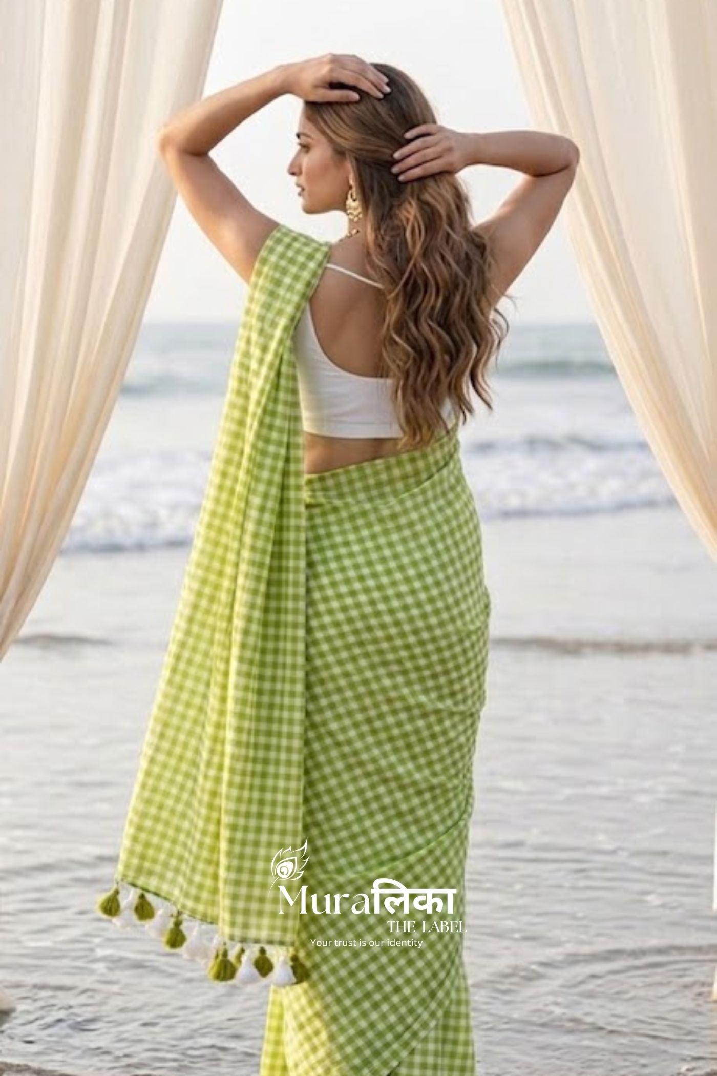 Pistachio Gingham Chex Mulmul Cotton Saree