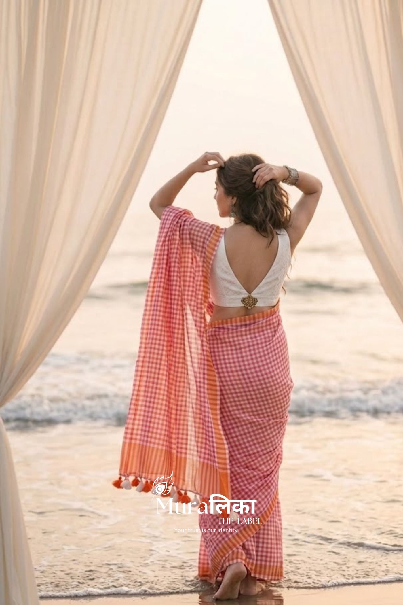 Orange Gingham chex Mulmul Cotton Saree