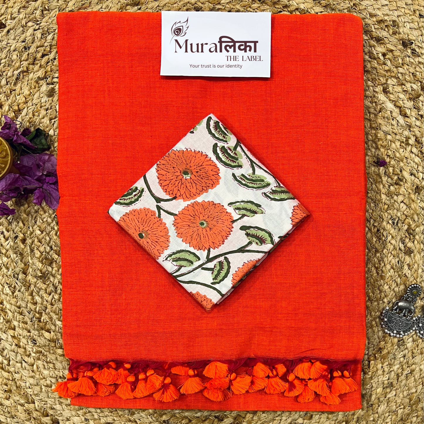 Muralika Bright Orange Handloom Saree