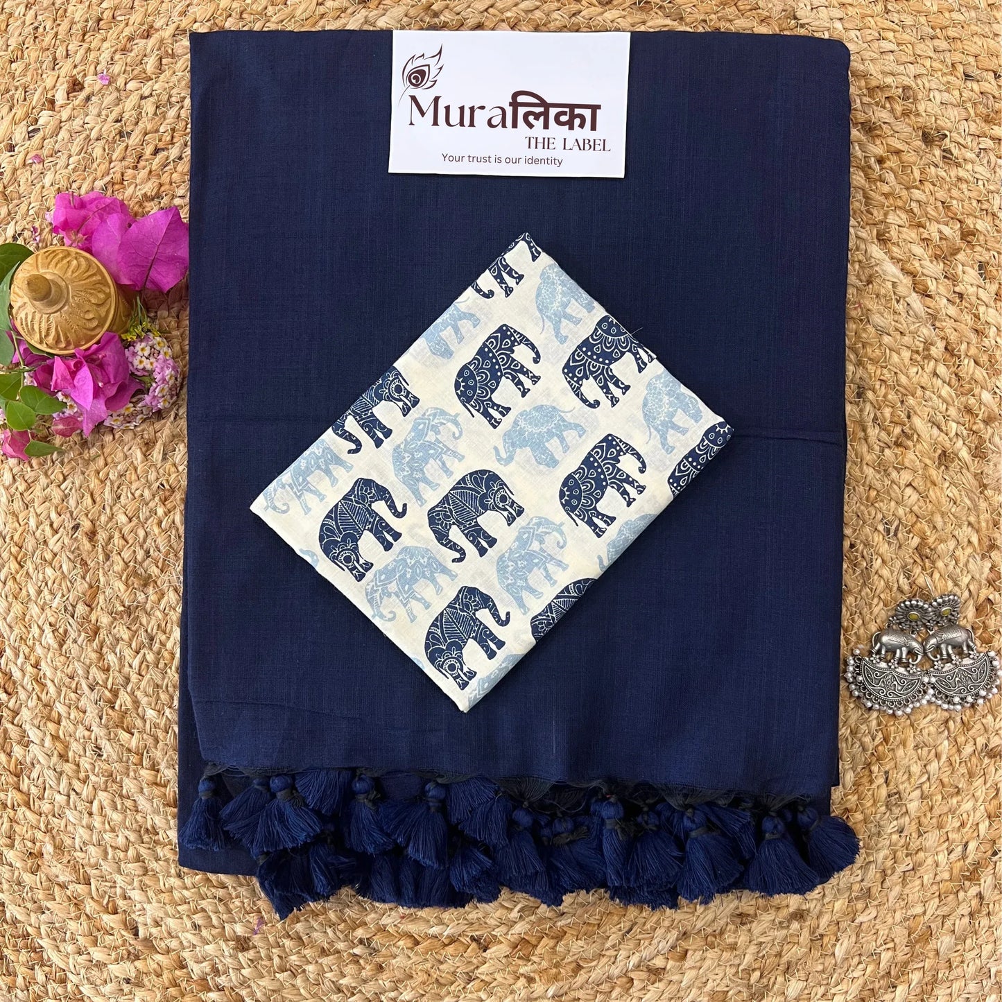 Muralika Navy Blue Handloom cotton Saree - Muralika the label