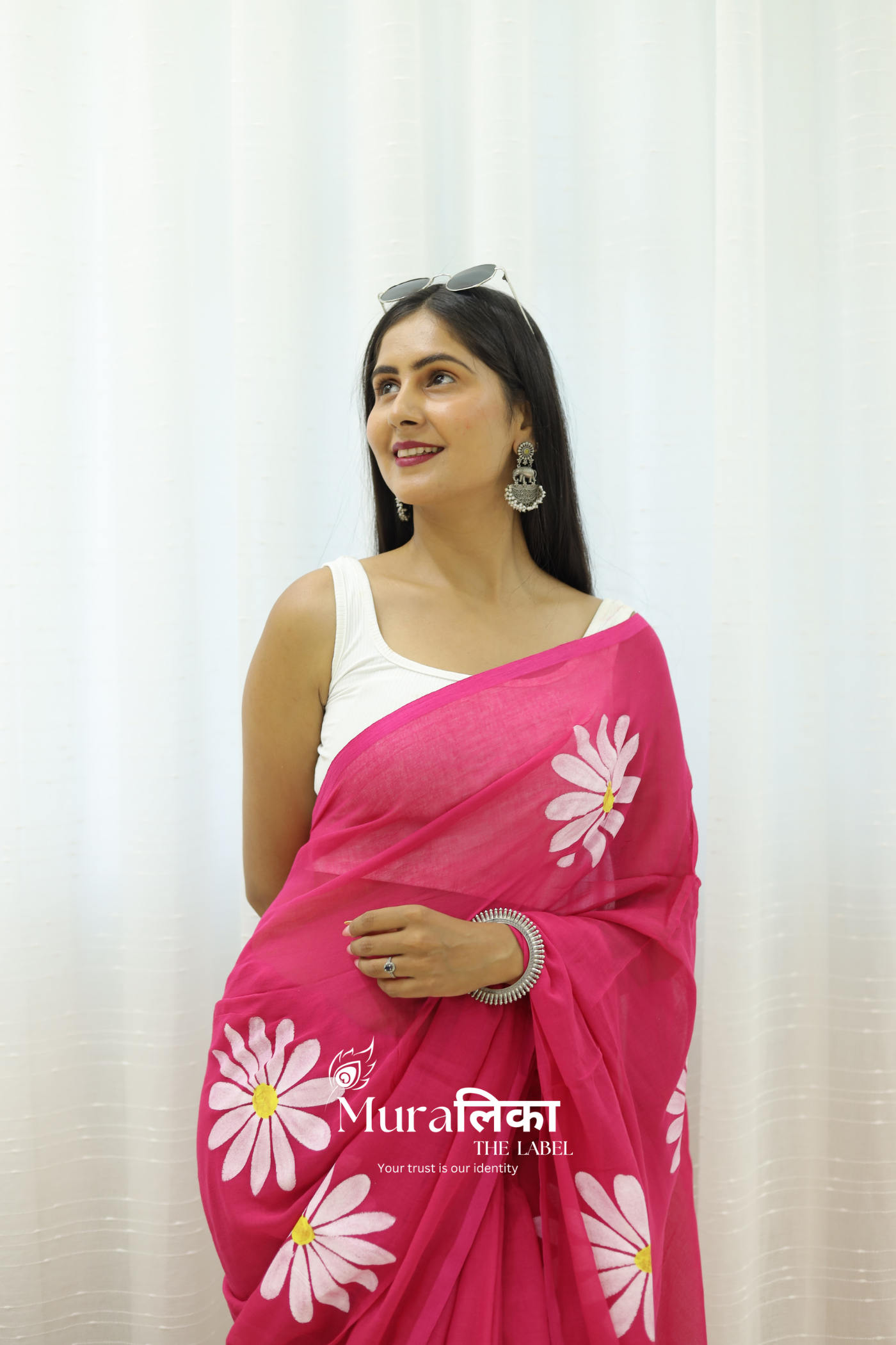 Daisy Dream Hot Pink Handpainted Mulmul Cotton Saree