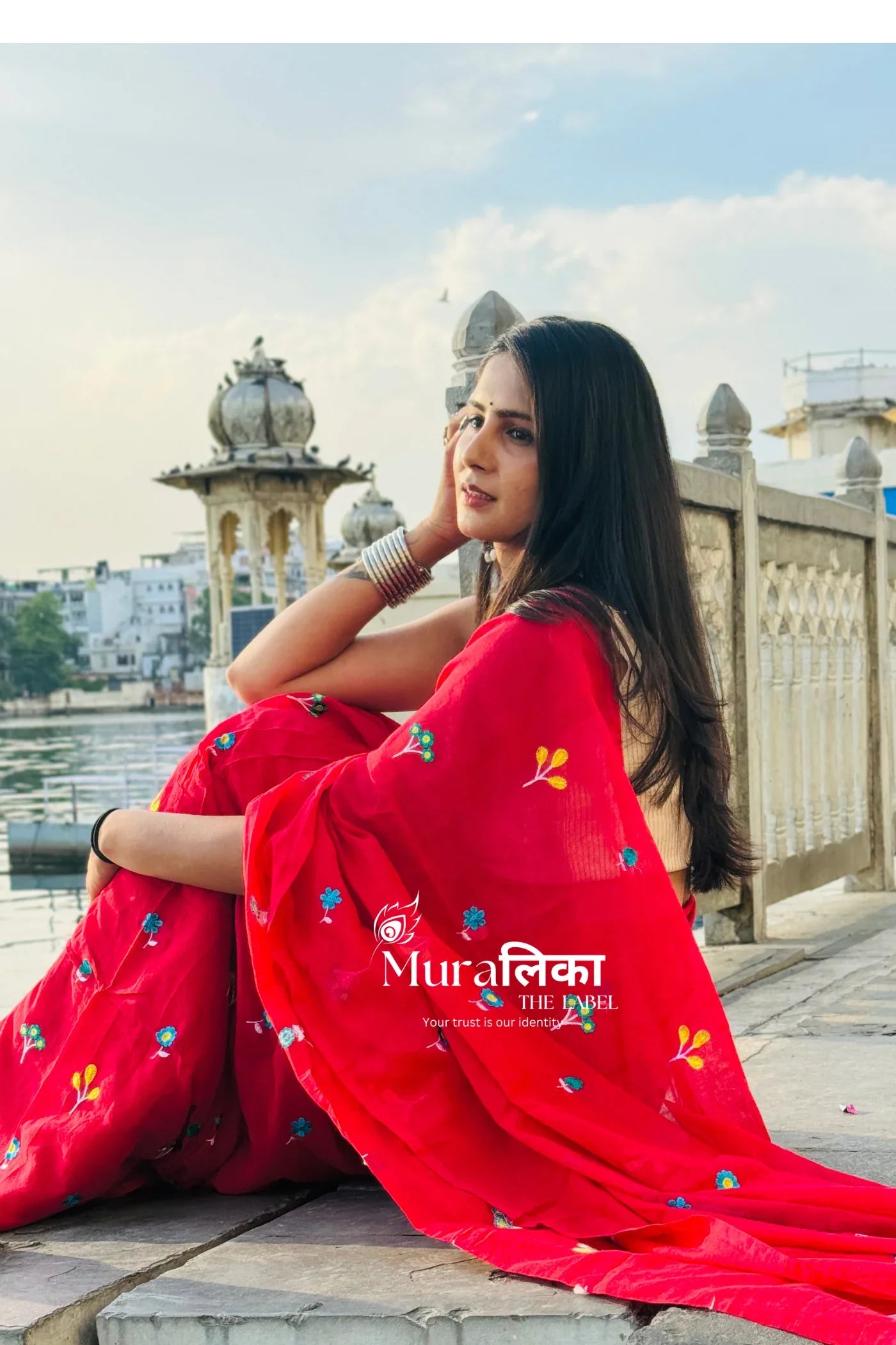 Phoolwari Sindoor Red Embroireded Mulmul Cotton Saree - Muralika the label