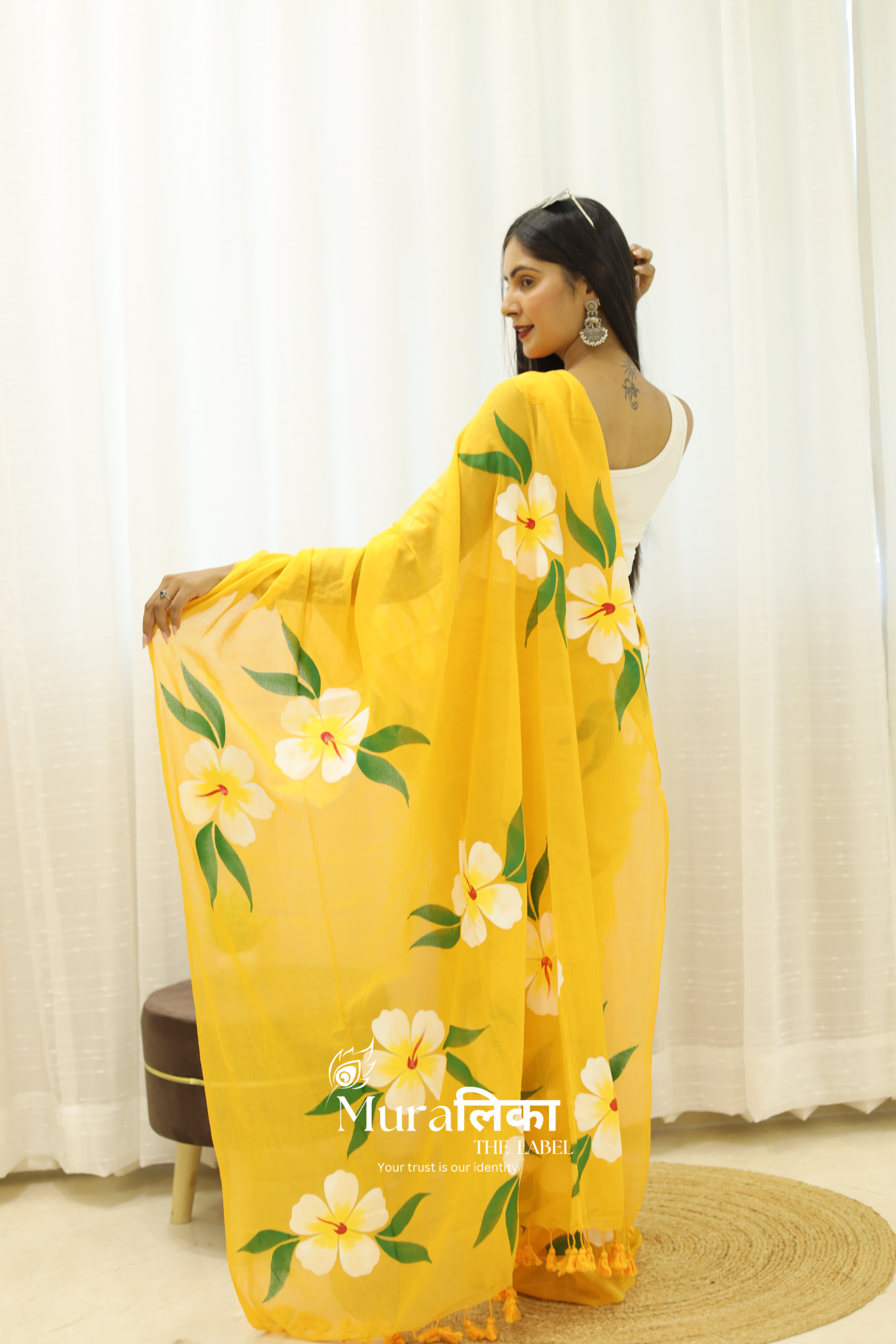 Gulmohar Yellow Handpainted Mulmul cotton Saree