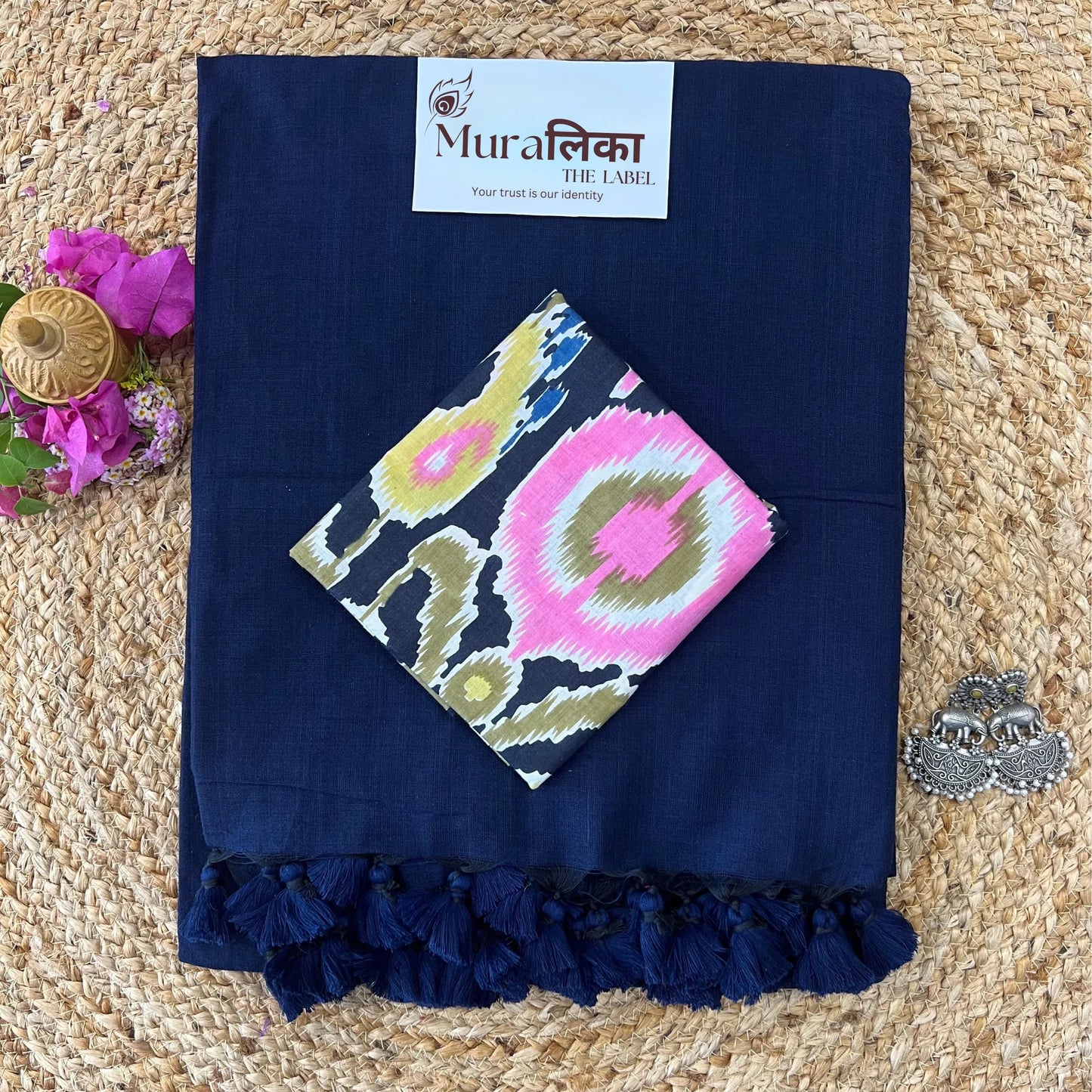 Muralika Navy Blue Handloom cotton Saree - Muralika the label