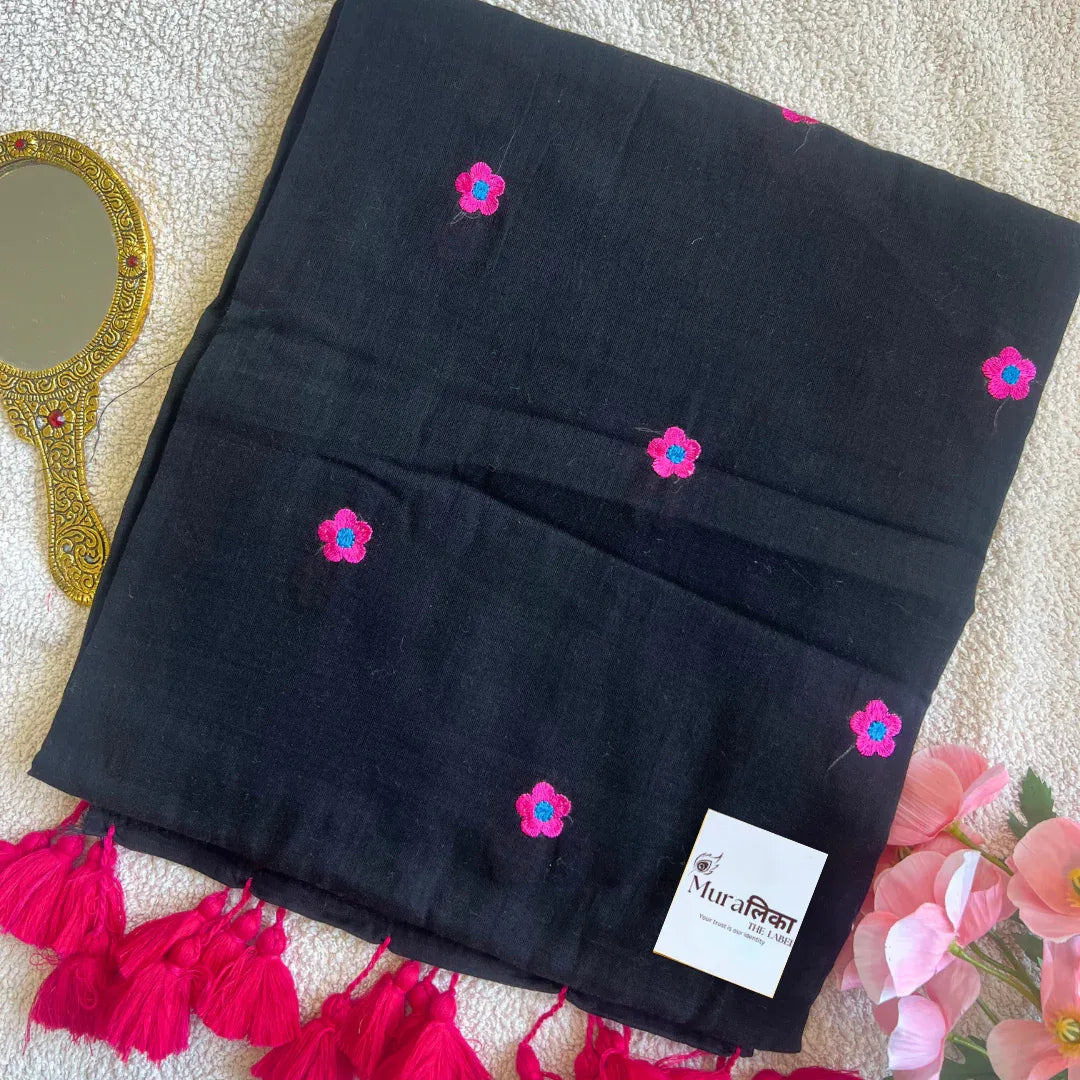 Celosia Black Embroidered Mulmul Cotton Saree - Muralika the label