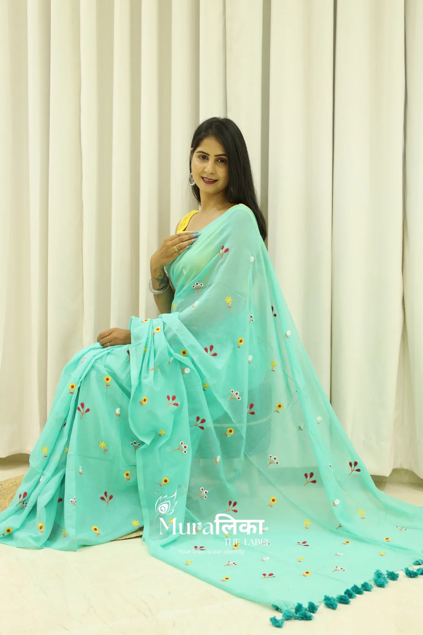 Phoolwari Green Embroidered Mulmul Cotton Saree