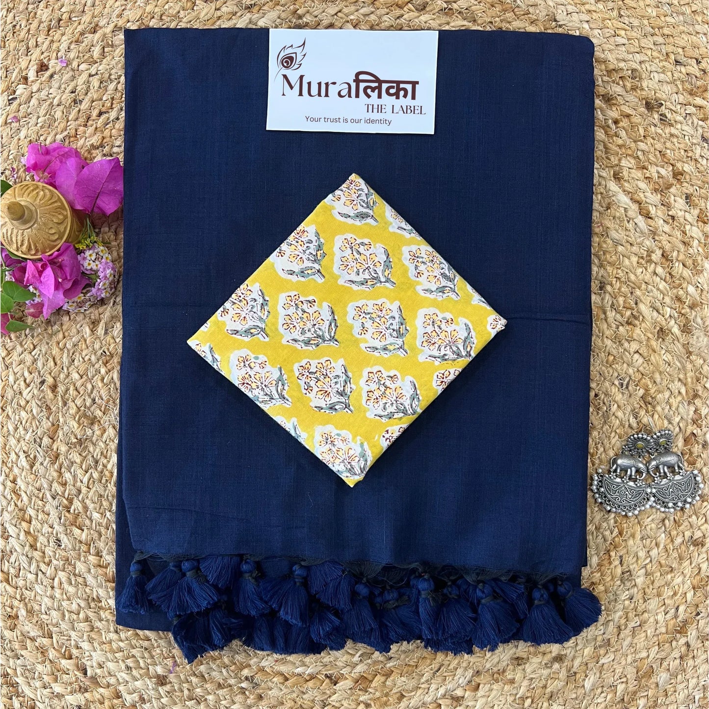 Muralika Navy Blue Handloom cotton Saree - Muralika the label