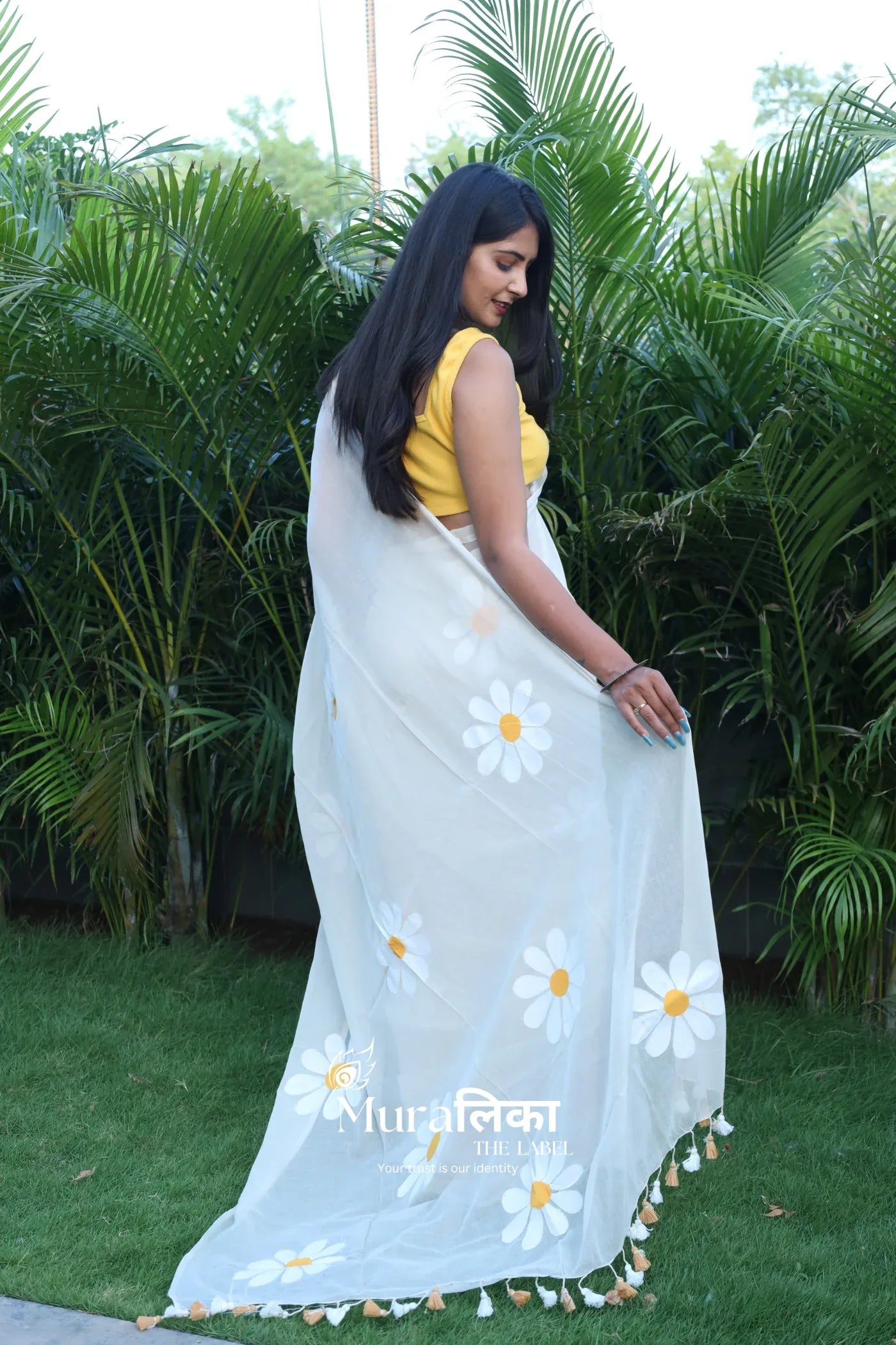 Daisy Dream Ivory Handpainted Mulmul Cotton Saree