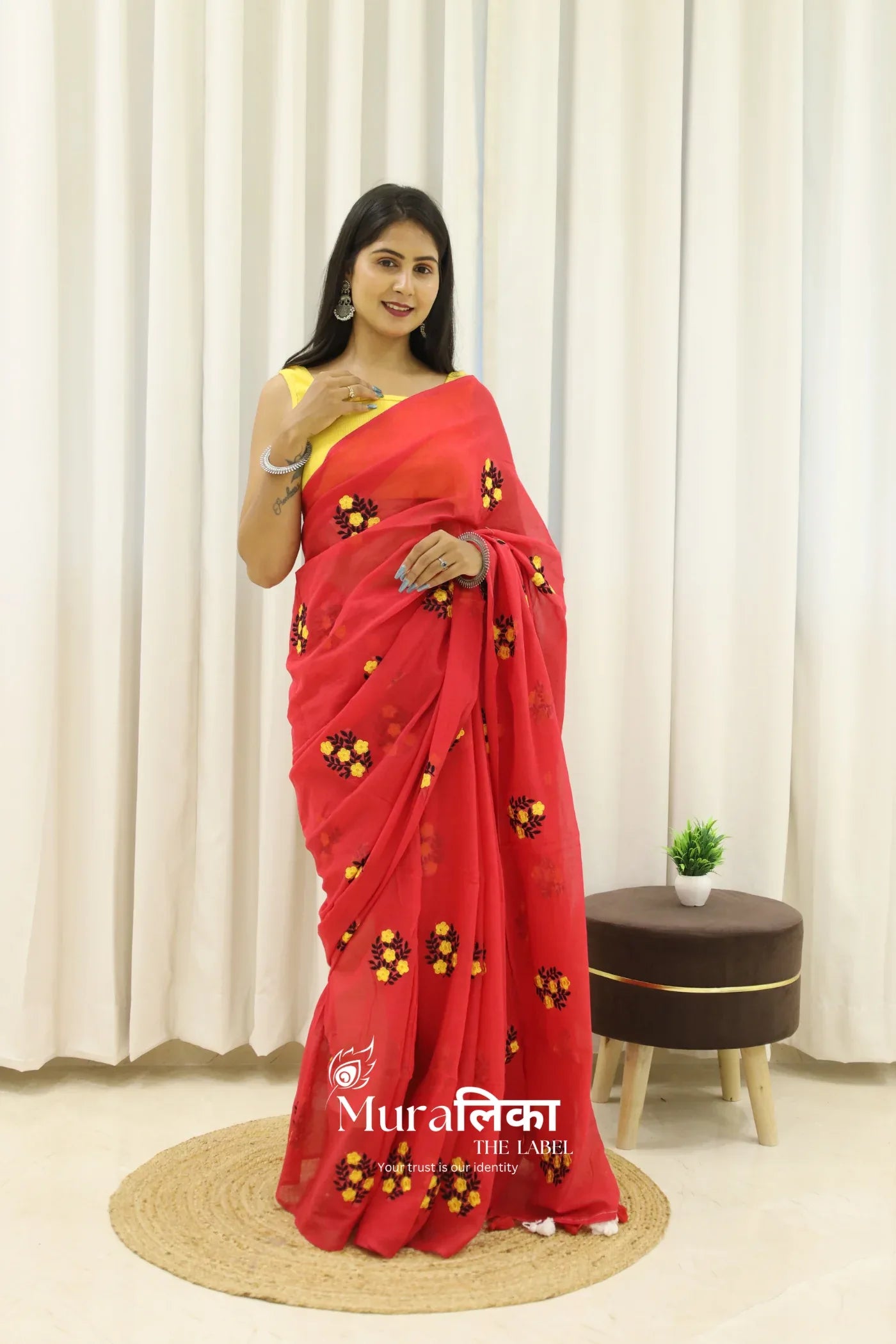 Phool Red Embroidered Mulmul Cotton Saree