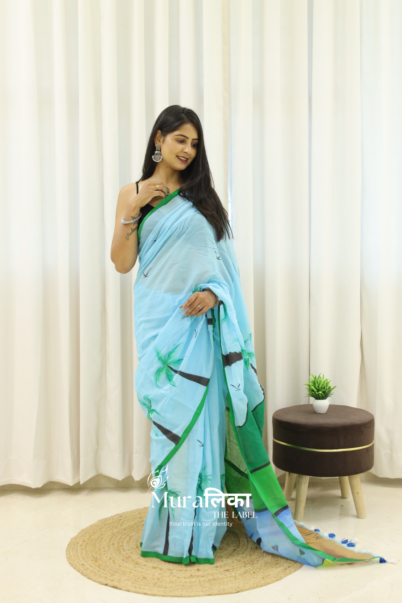 Beach Story Hand painted Mulmul Cotton Saree