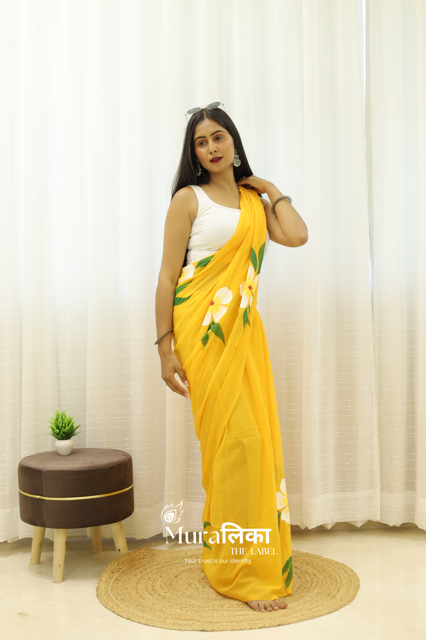 Gulmohar Yellow Handpainted Mulmul cotton Saree