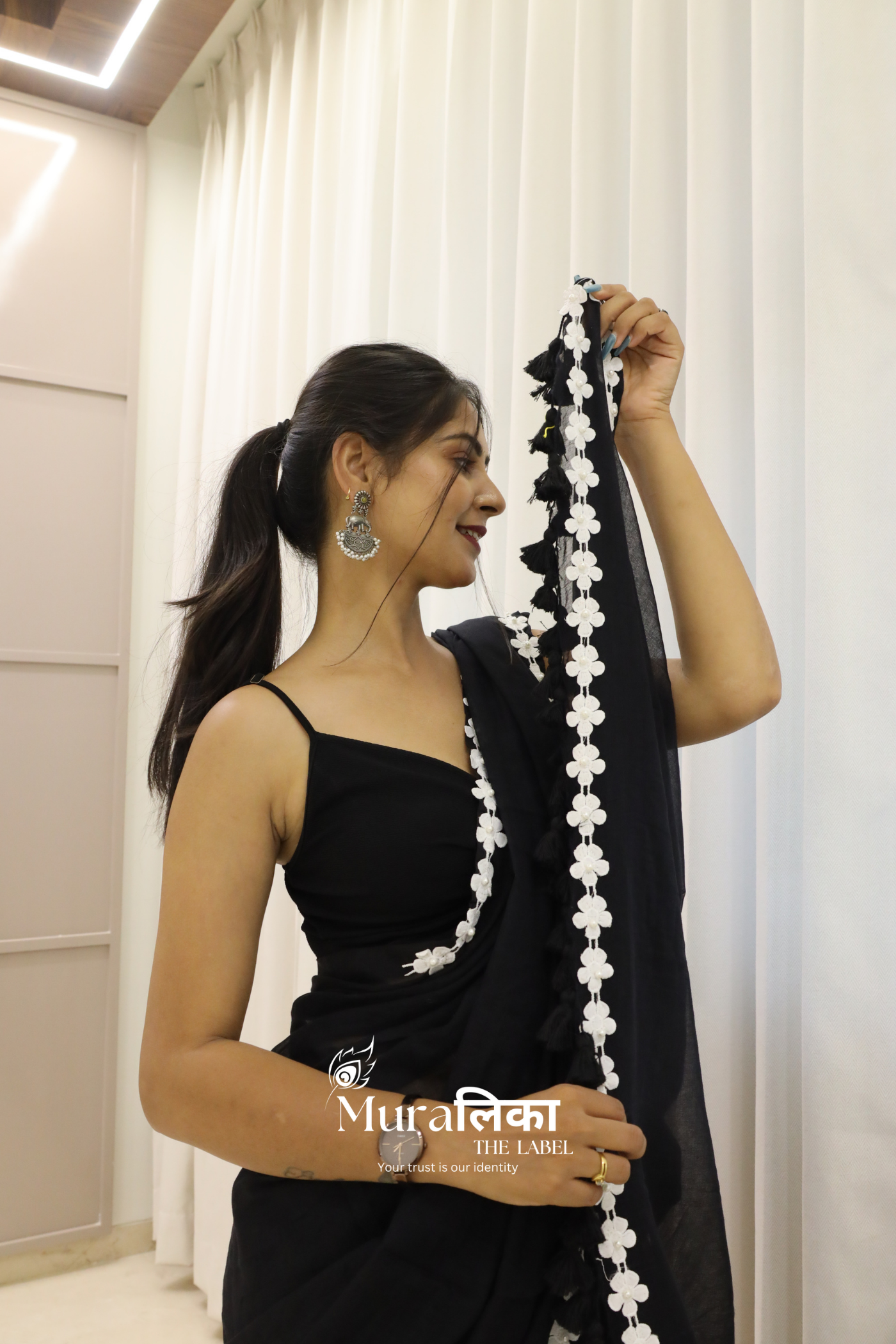 Black Lace Border Mulmul Cotton Saree
