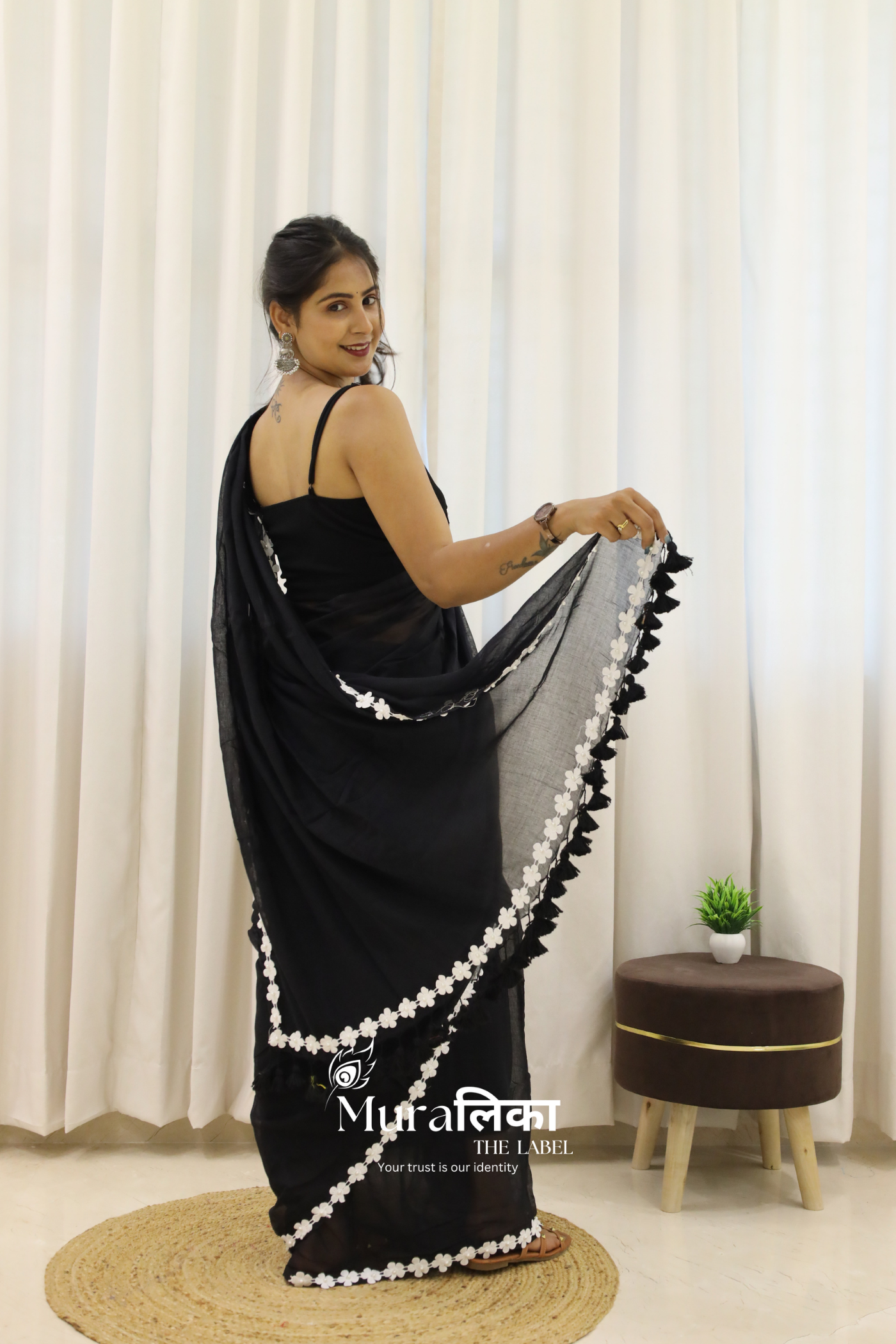 Black Lace Border Mulmul Cotton Saree