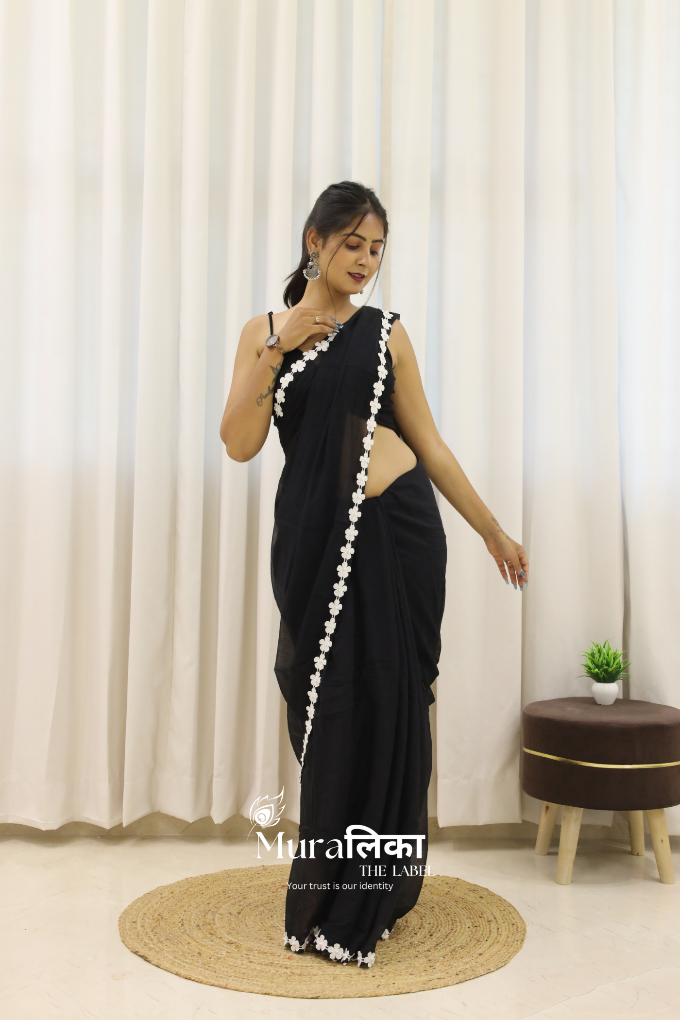 Black Lace Border Mulmul Cotton Saree