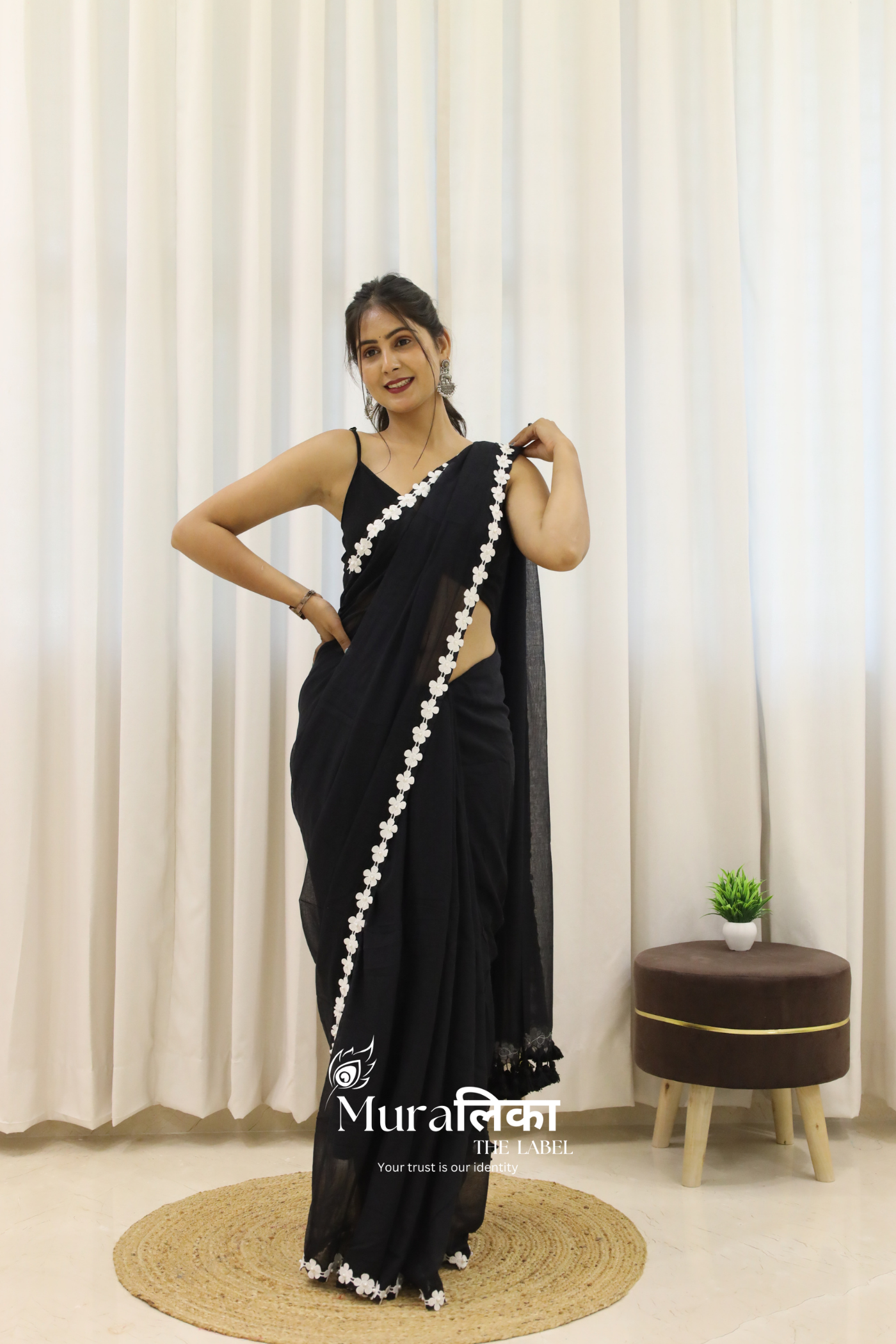 Black Lace Border Mulmul Cotton Saree