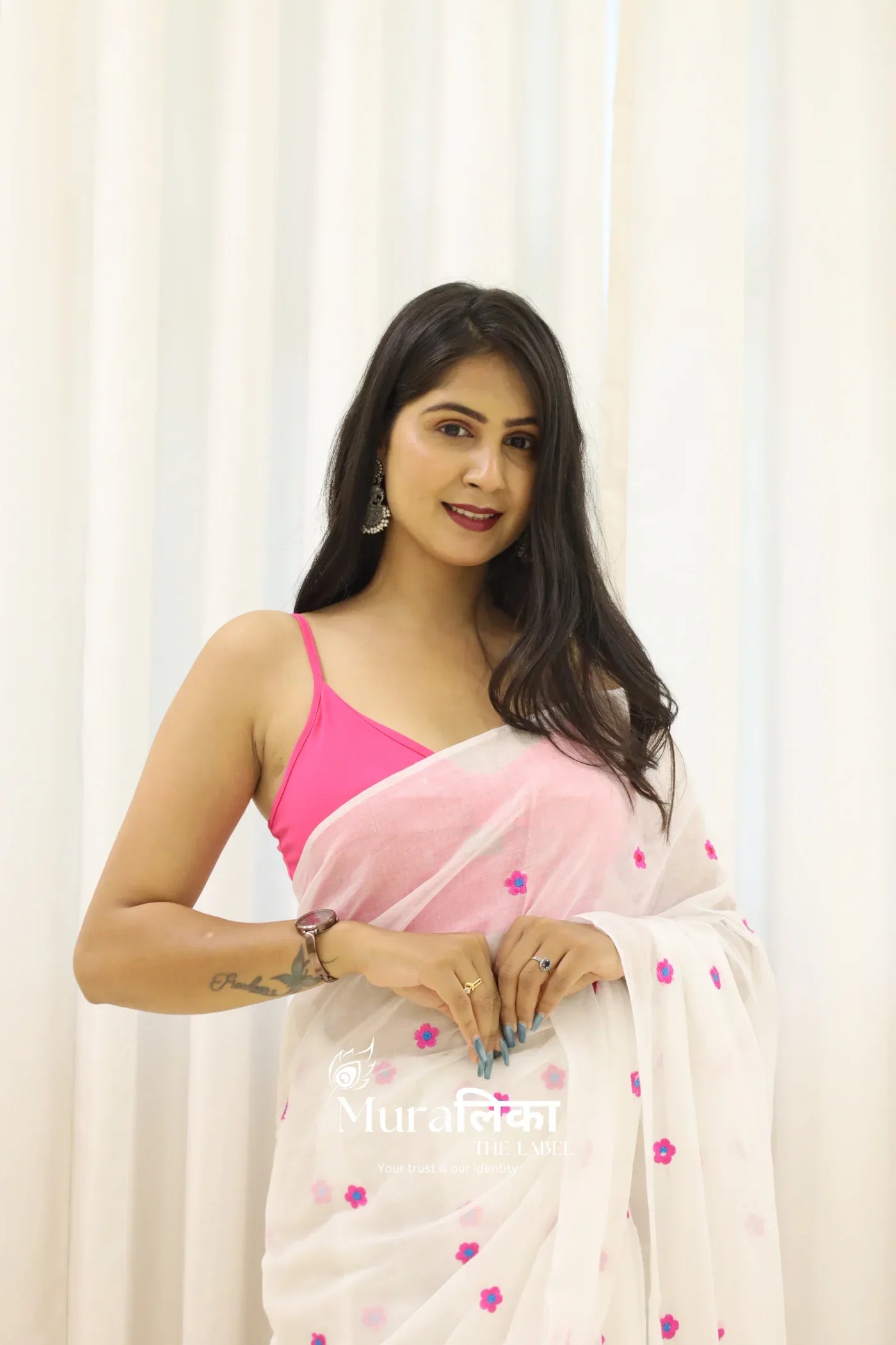 Celosia White Embroidered Mulmul Cotton Saree