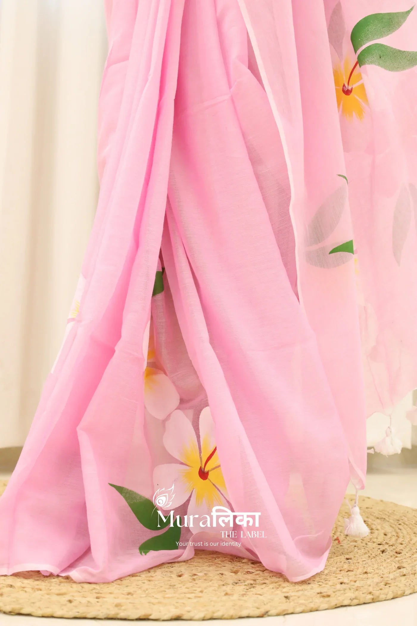 Gulmohar Baby Pink Handpainted Mulmul cotton Saree - Muralika the label