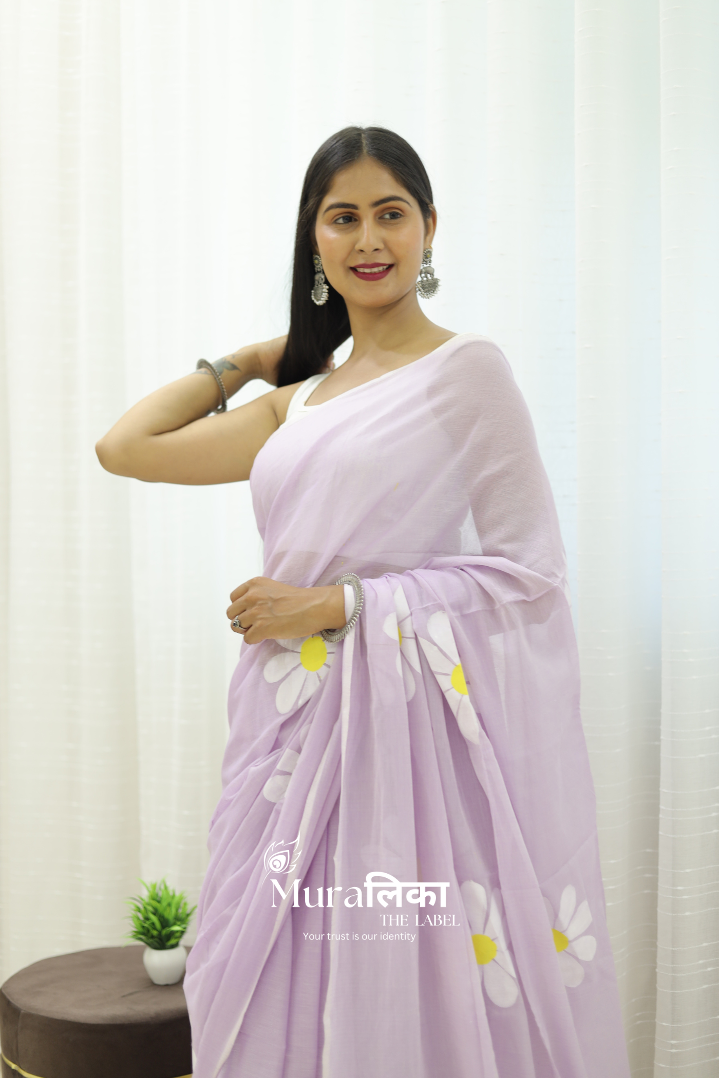 Daisy Dream Lilac Handpainted Mulmul Cotton Saree