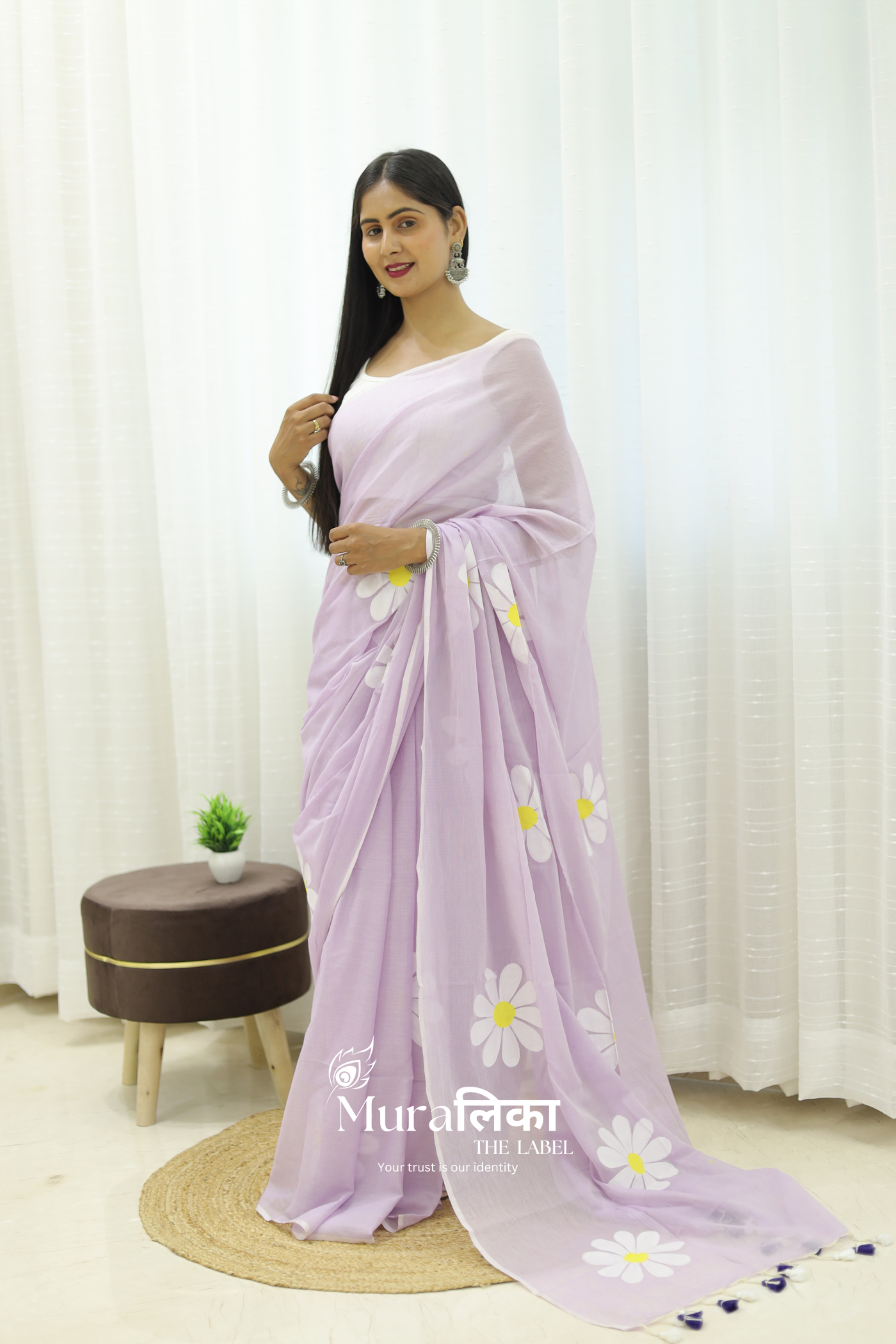 Daisy Dream Lilac Handpainted Mulmul Cotton Saree