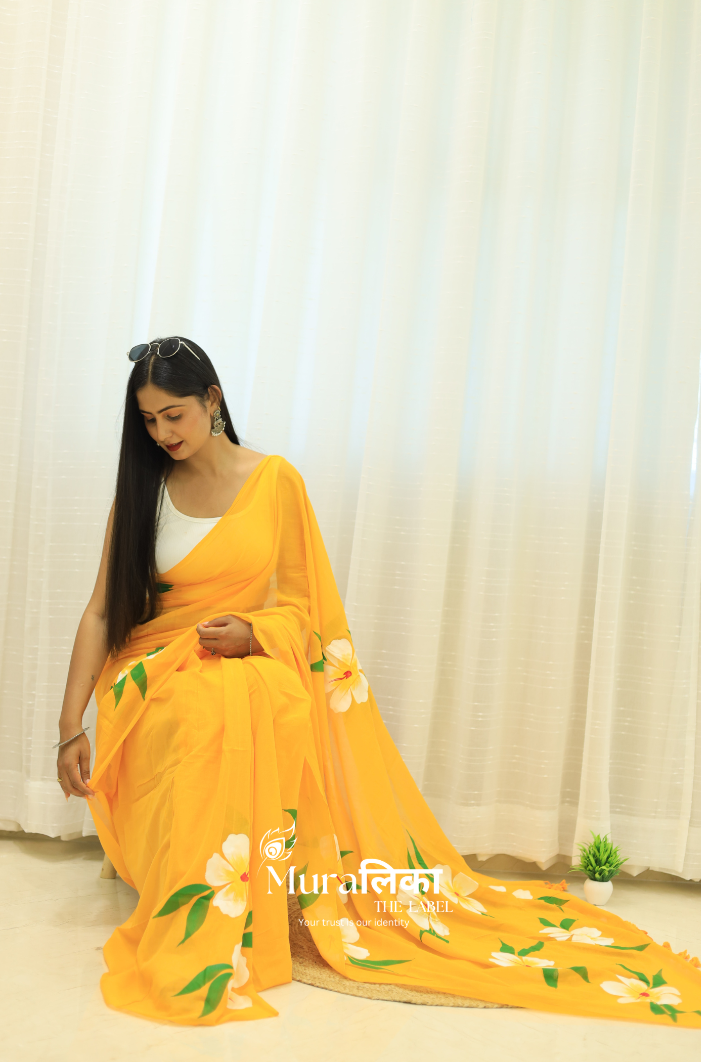Gulmohar Yellow Handpainted Mulmul cotton Saree