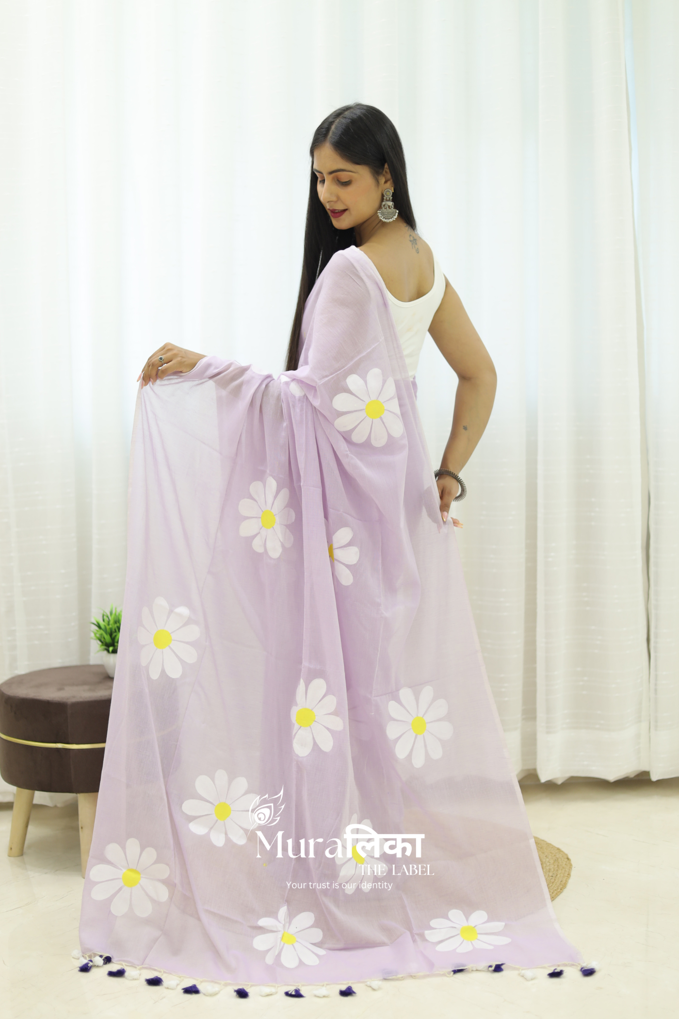 Daisy Dream Lilac Handpainted Mulmul Cotton Saree