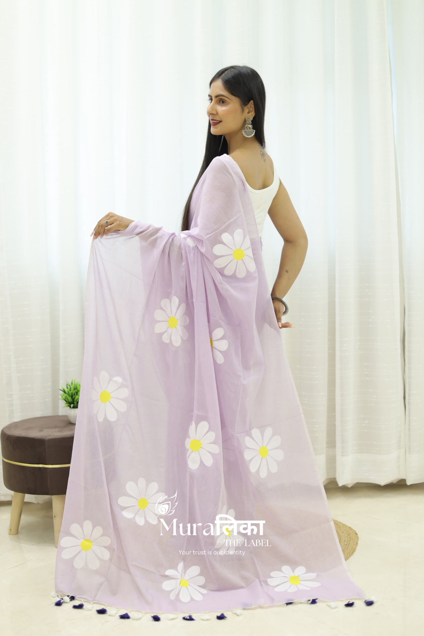 Daisy Dream Lilac Handpainted Mulmul Cotton Saree