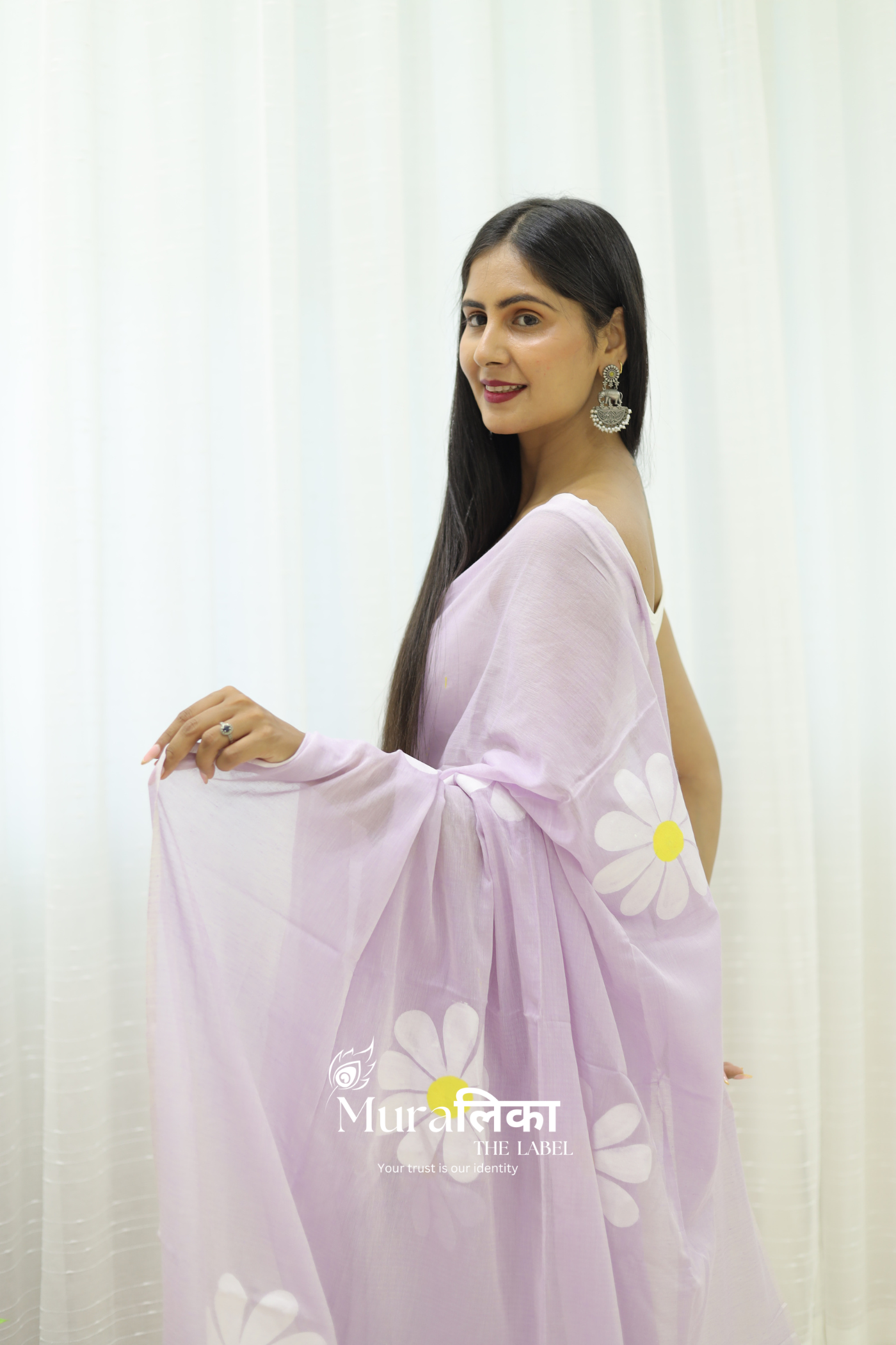 Daisy Dream Lilac Handpainted Mulmul Cotton Saree