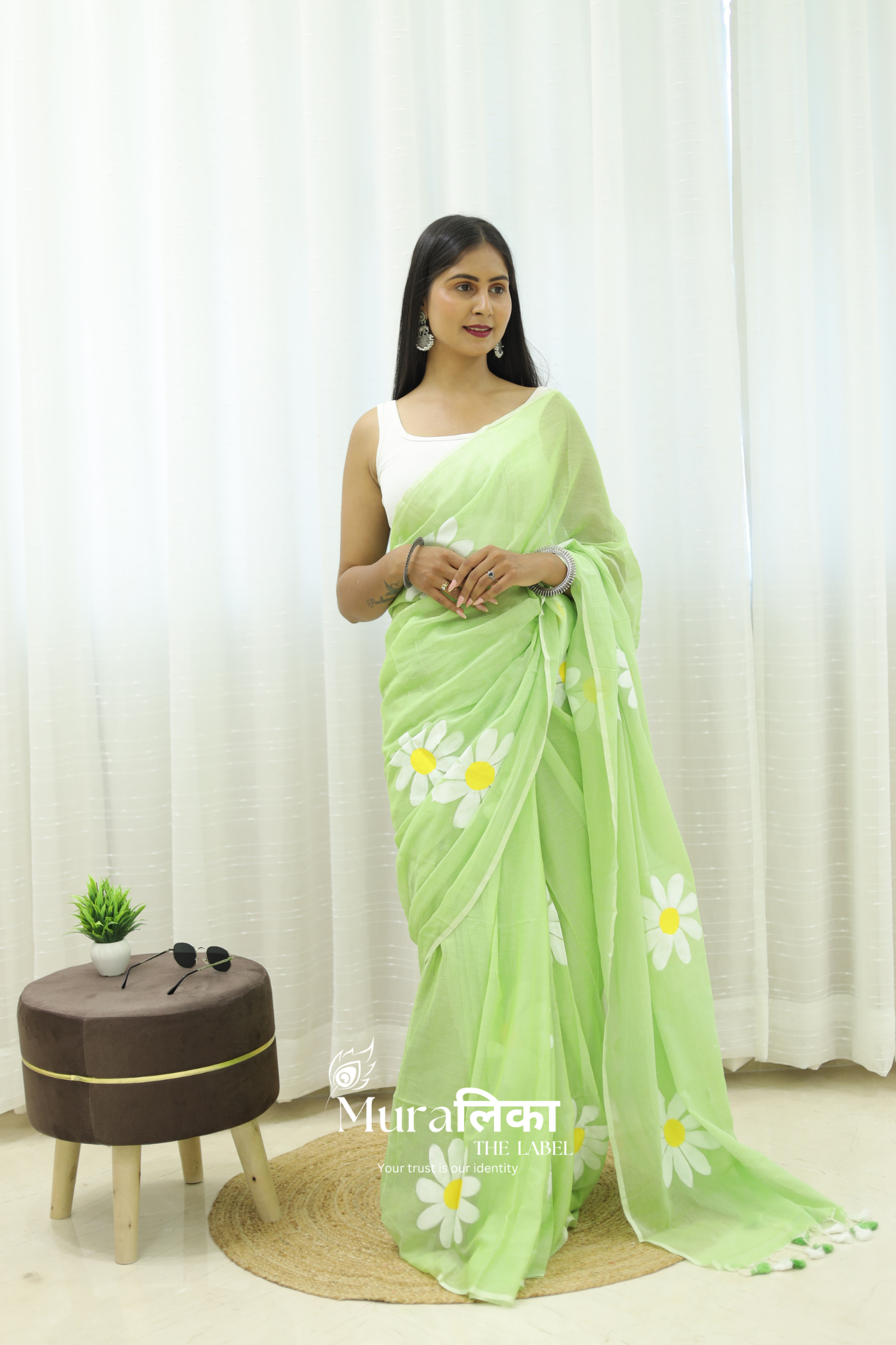 Daisy Dream Light Green Handpainted Mulmul Cotton Saree