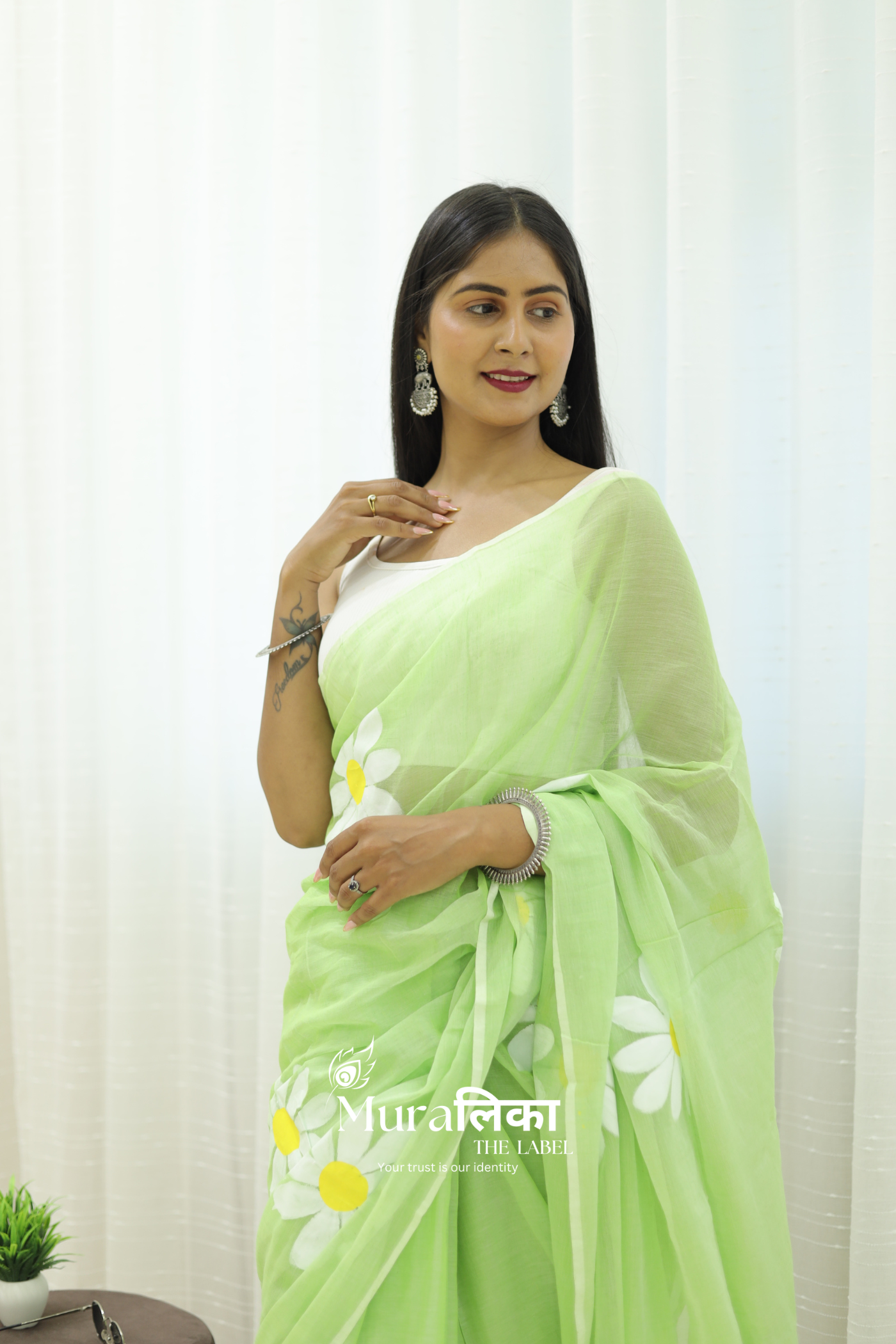Daisy Dream Light Green Handpainted Mulmul Cotton Saree