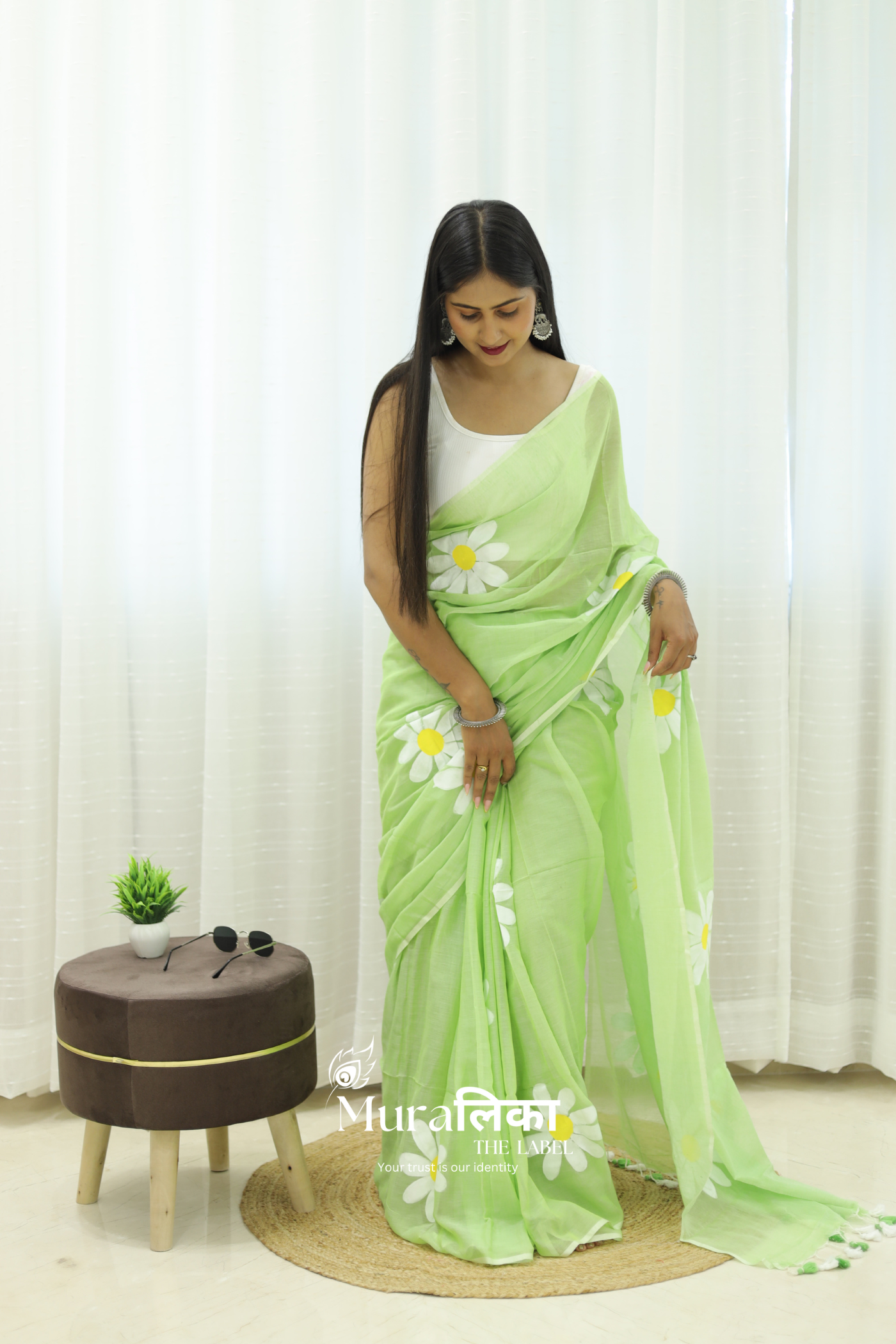 Daisy Dream Light Green Handpainted Mulmul Cotton Saree