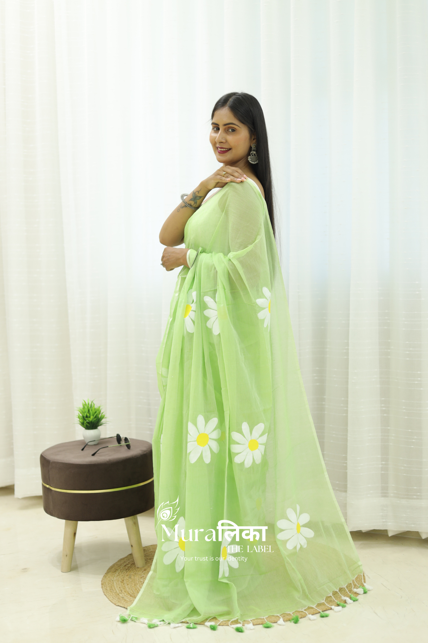 Daisy Dream Light Green Handpainted Mulmul Cotton Saree