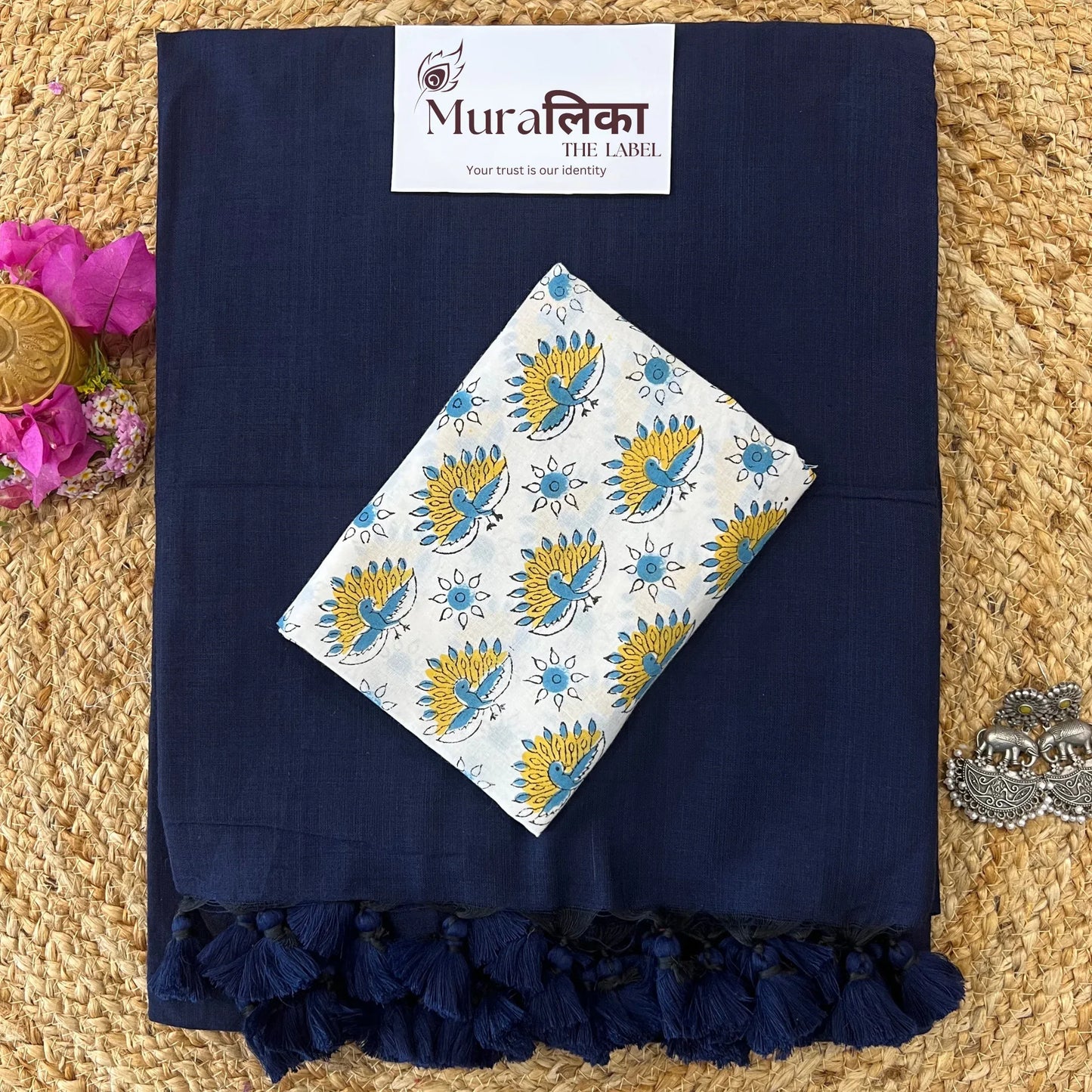 Muralika Navy Blue Handloom cotton Saree - Muralika the label