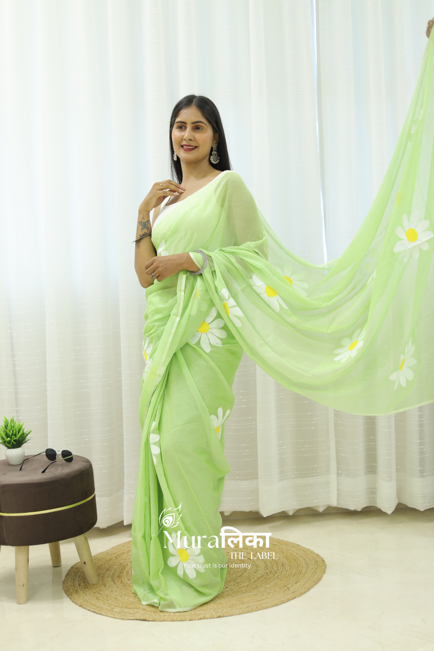Daisy Dream Light Green Handpainted Mulmul Cotton Saree