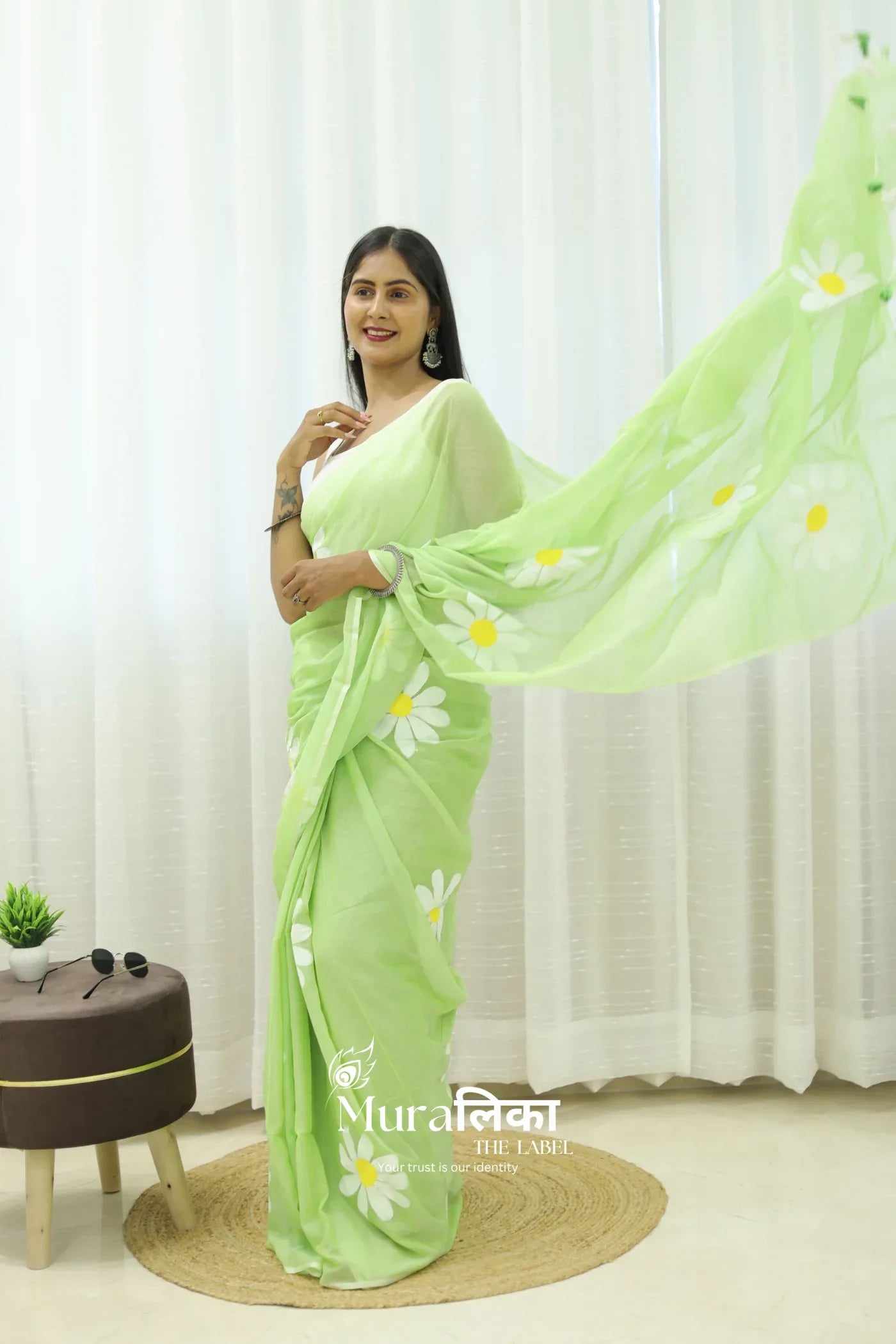 Daisy Dream Light Green Handpainted Mulmul Cotton Saree - Muralika the label