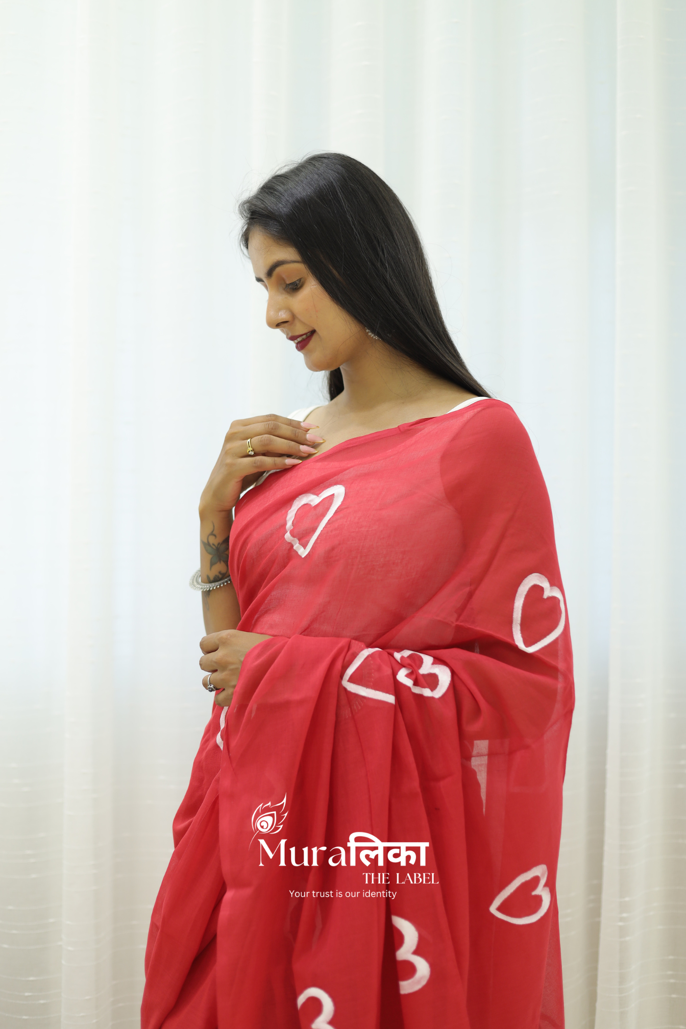 Red Heart Handpainted Mulmul Cotton Saree