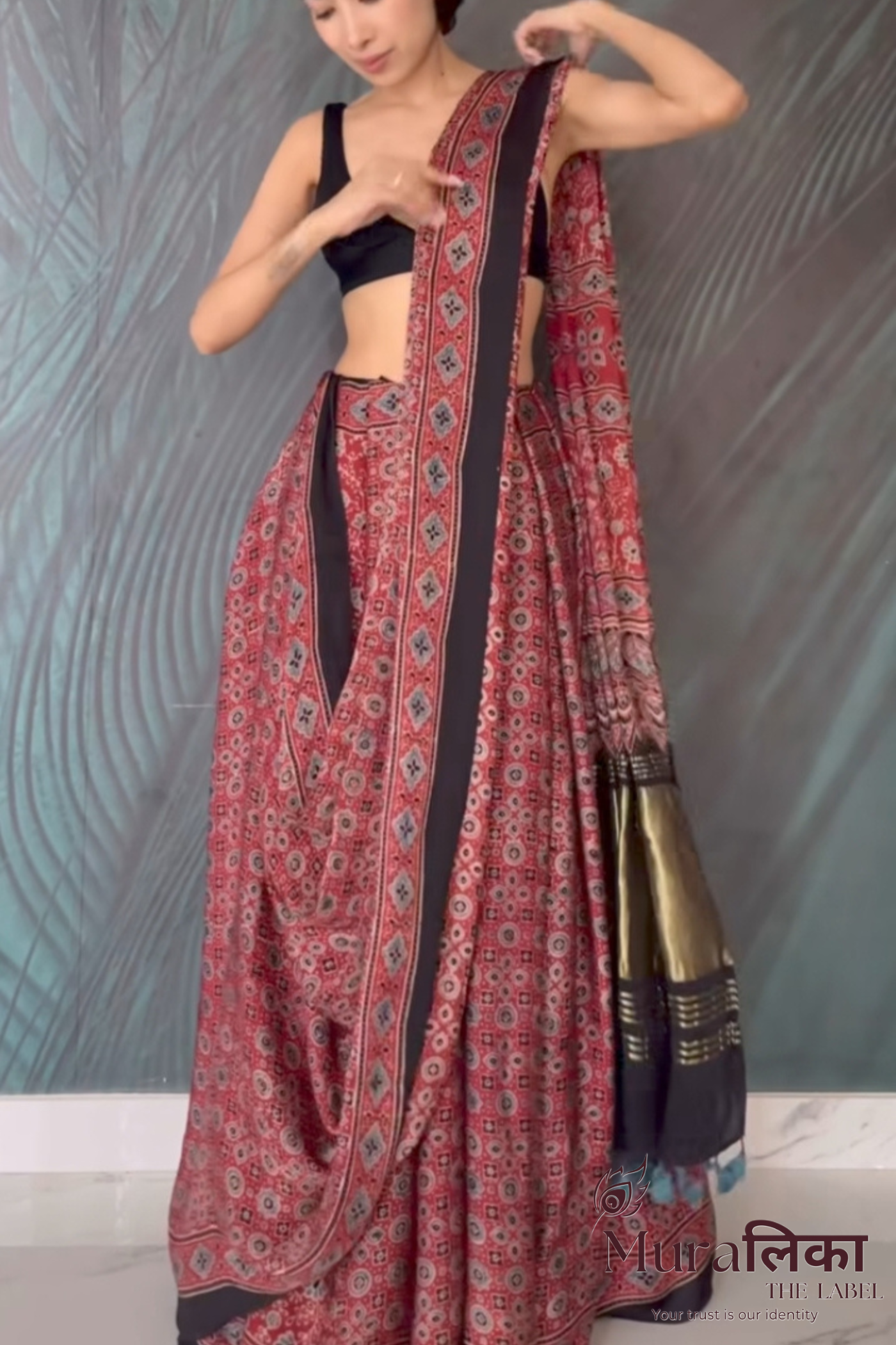 Ajrakh Hand block Printed Modal Silk Saree