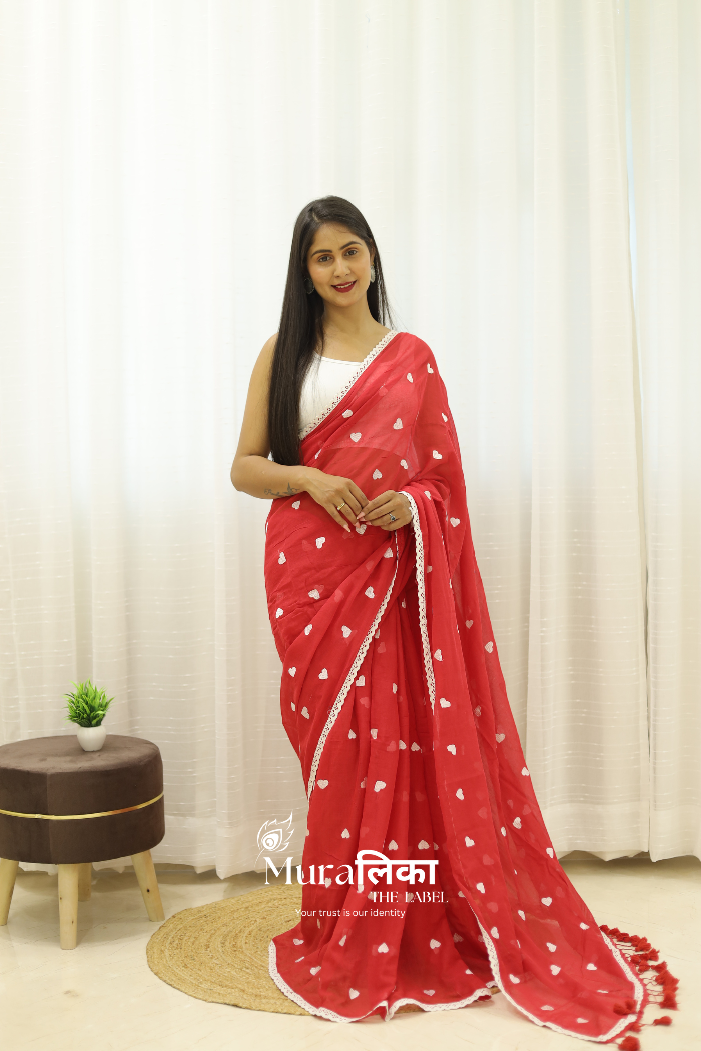 Dil Red Embroidered Mulmul Cotton Saree
