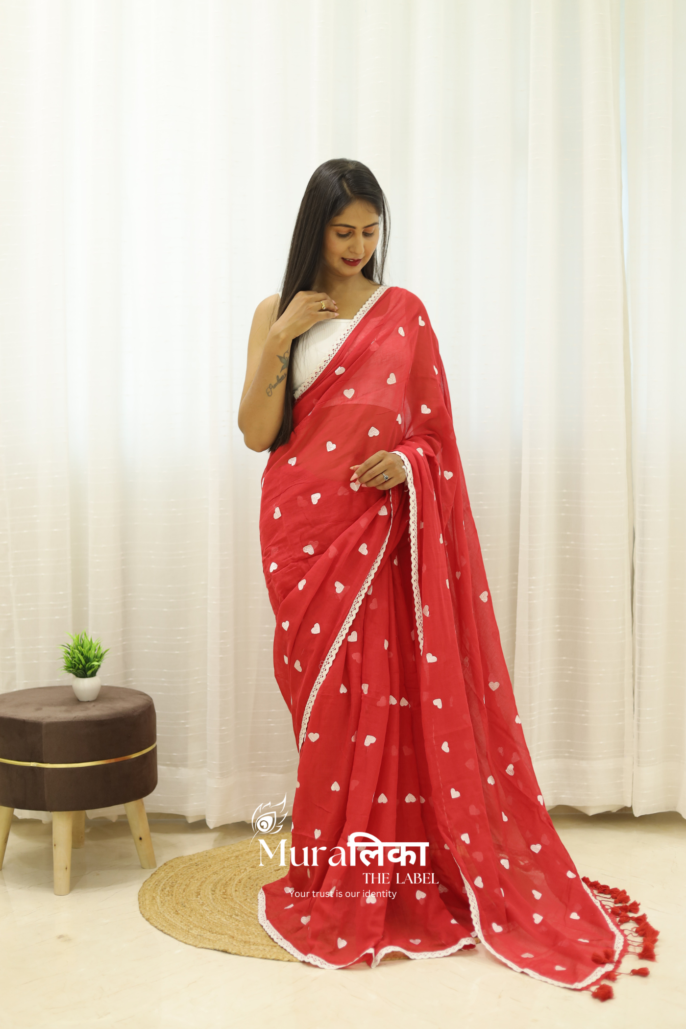 Dil Red Embroidered Mulmul Cotton Saree