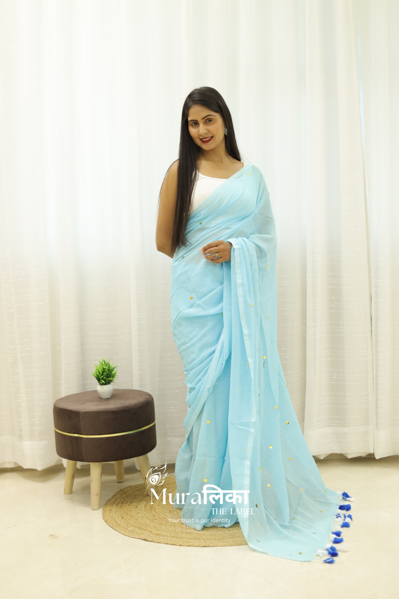 Tara Sky Blue Mulmul Cotton Saree