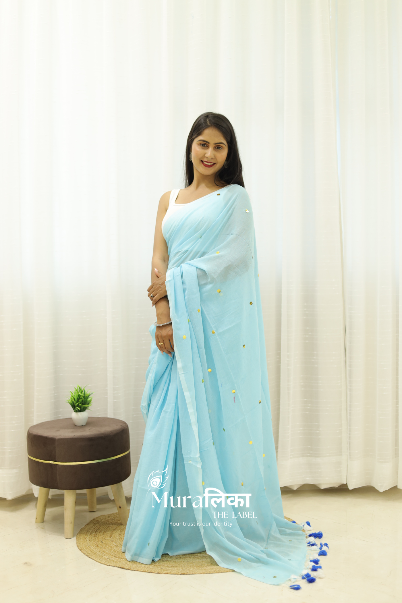 Tara Sky Blue Mulmul Cotton Saree