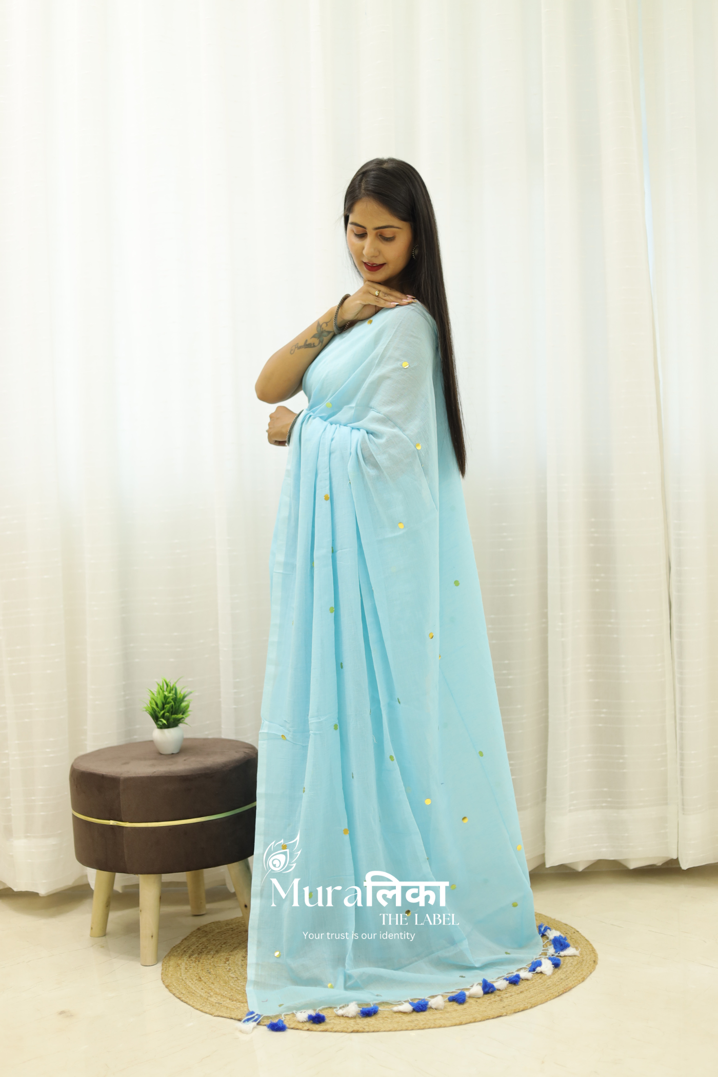 Tara Sky Blue Mulmul Cotton Saree