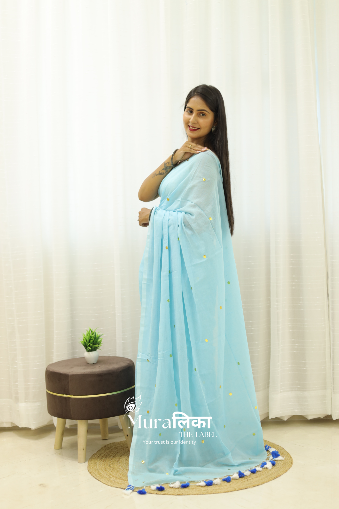 Tara Sky Blue Mulmul Cotton Saree