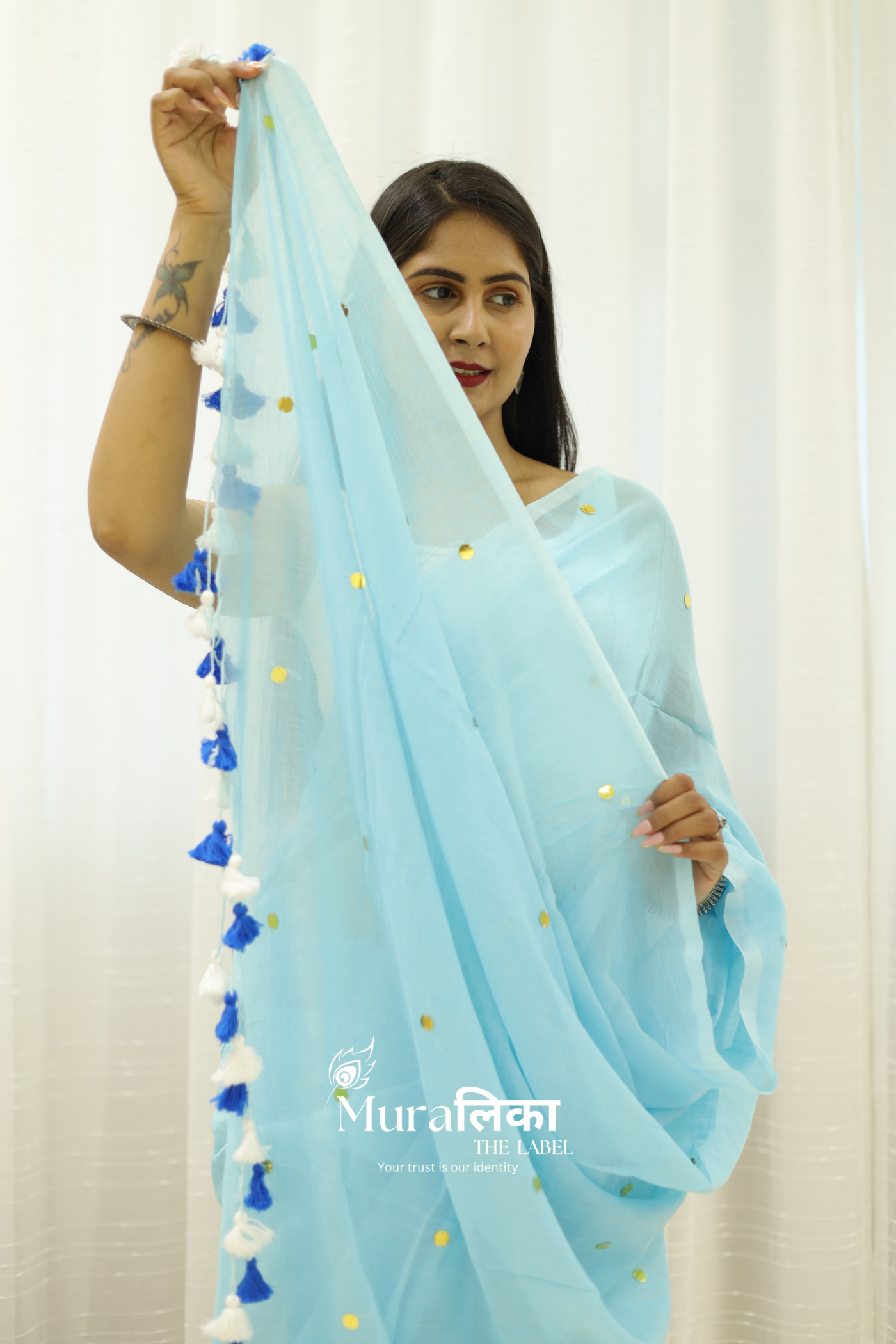 Tara Sky Blue Mulmul Cotton Saree