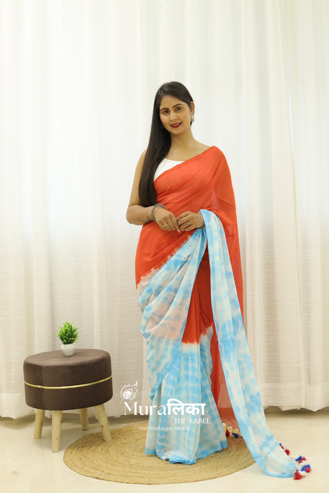 Orange & Blue Tie Dye Mulmul Cotton Saree