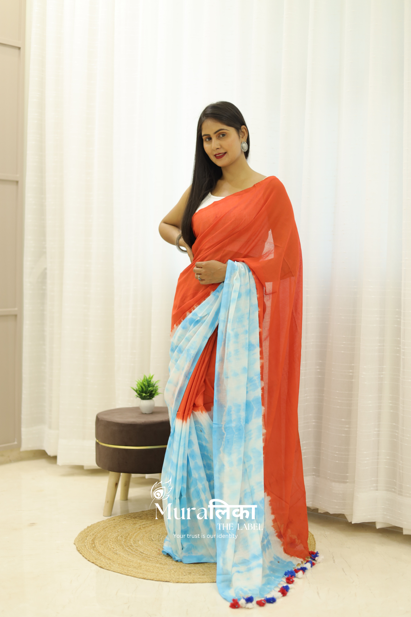 Orange & Blue Tie Dye Mulmul Cotton Saree