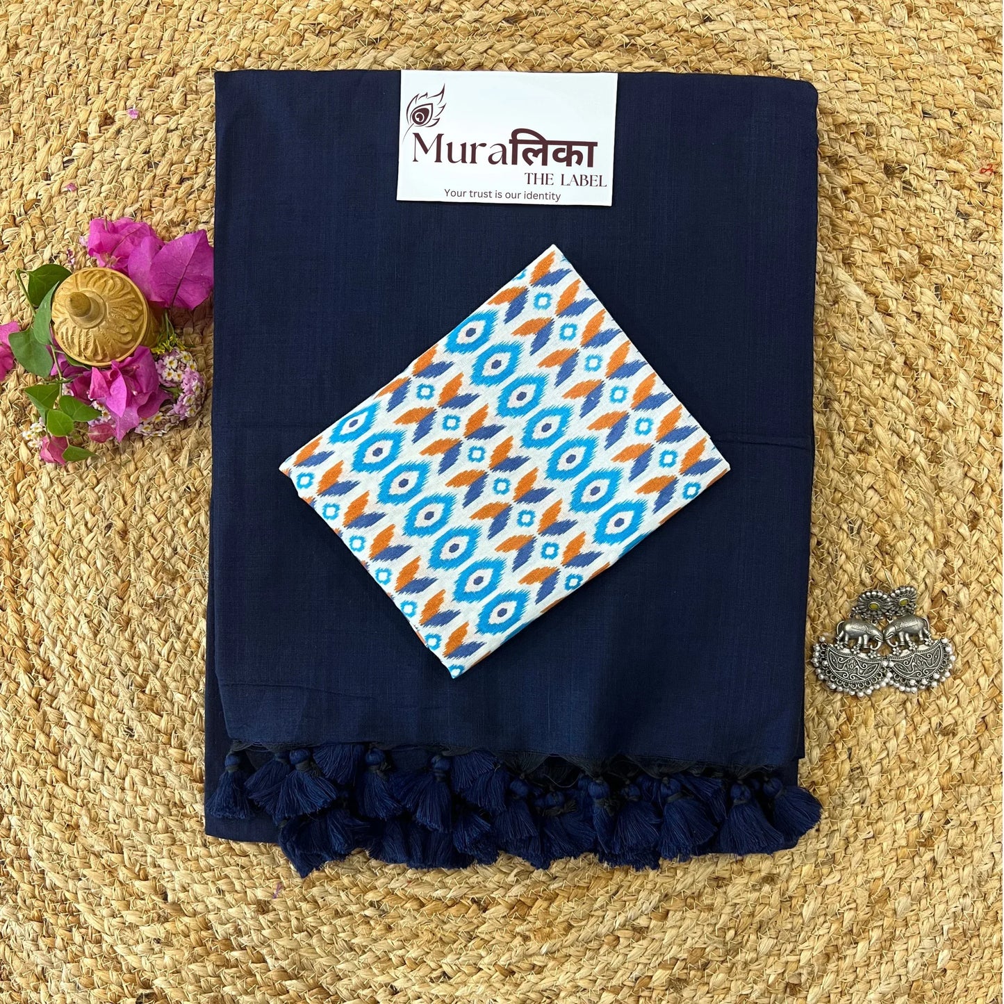 Muralika Navy Blue Handloom cotton Saree - Muralika the label