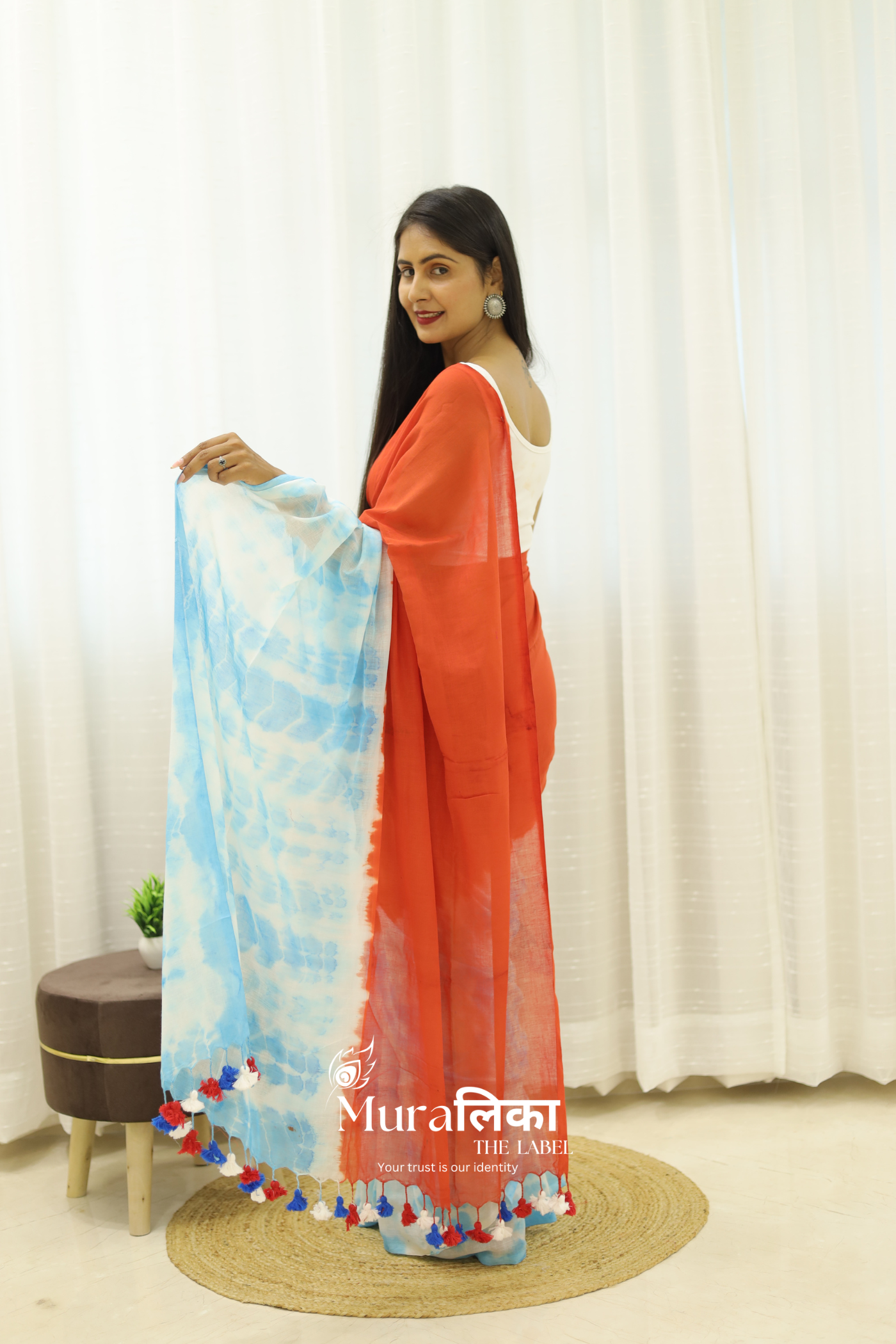 Orange & Blue Tie Dye Mulmul Cotton Saree
