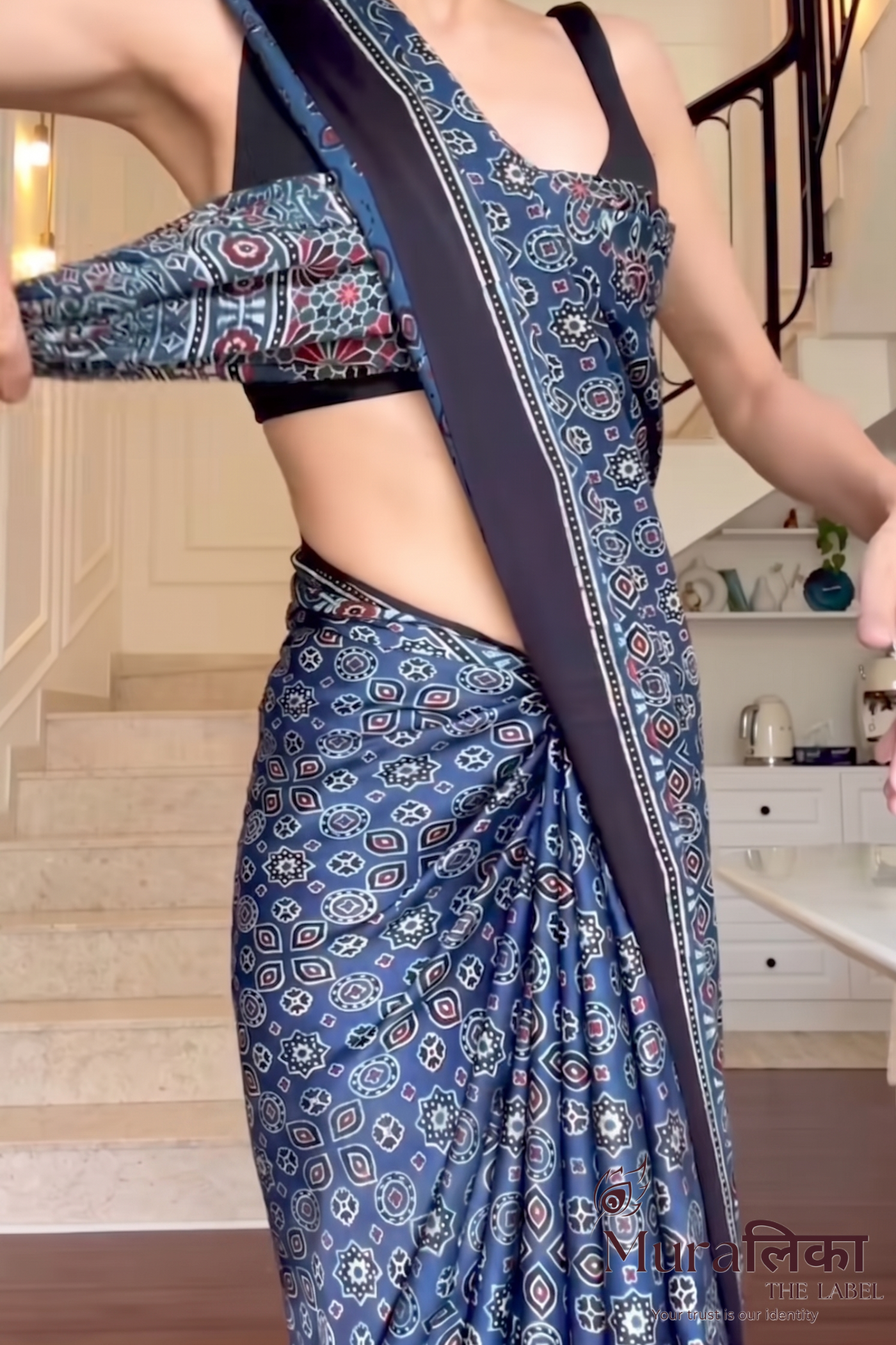 Ajrakh Hand block Printed Modal Silk Saree